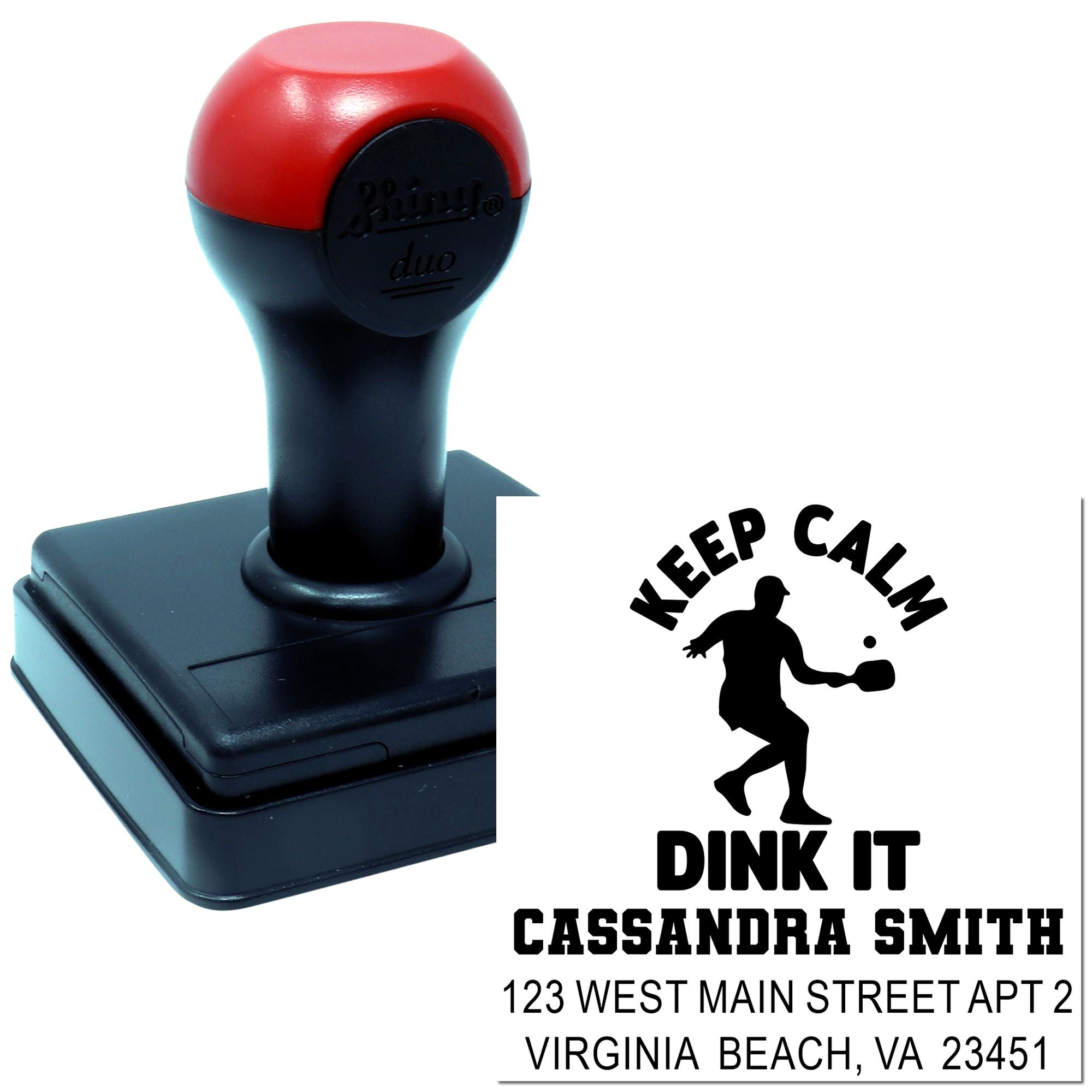 Custom self-inking rubber address stamp with Keep Calm Dink It pickleball design.