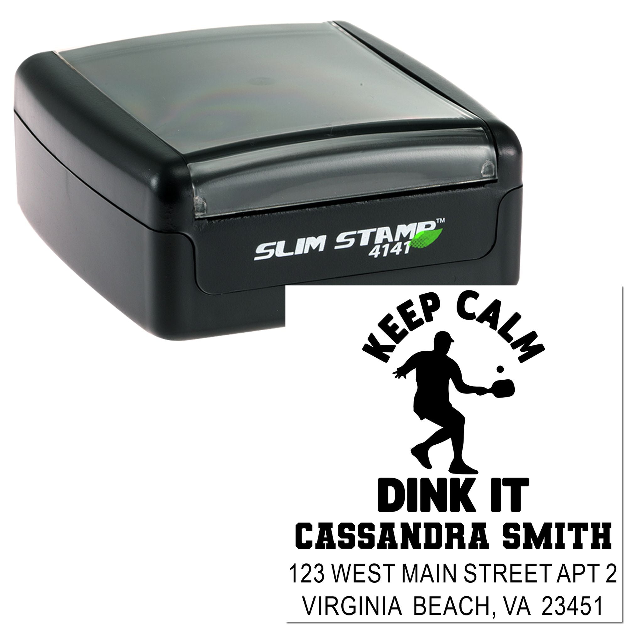 Self-inking Slim Stamp 4141 custom return address rubber stamp with Keep Calm Dink It pickleball design.