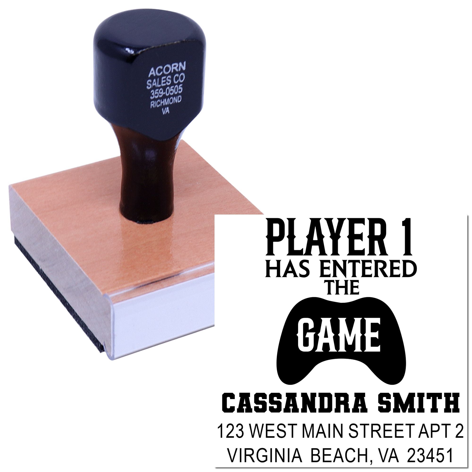 Personalized gamer rubber stamp with Player 1 Has Entered the Game, custom name, and address for custom return or event use.