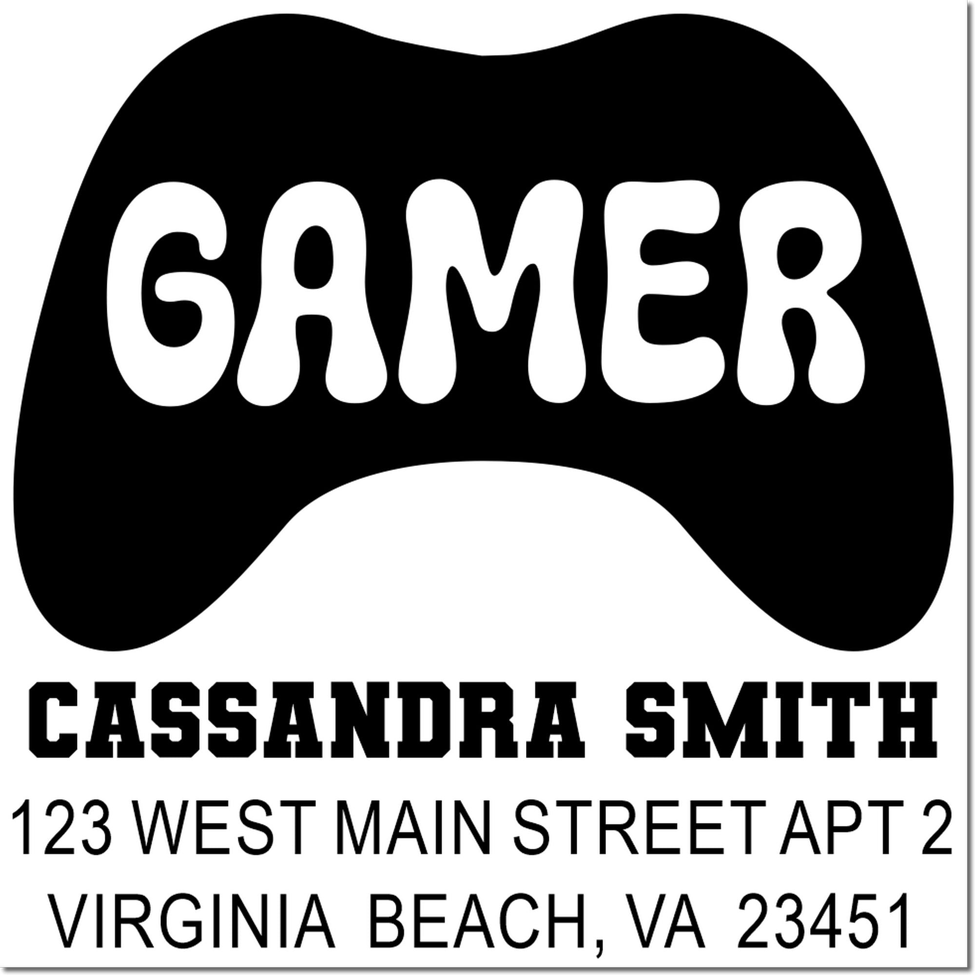 Custom gamer rubber stamp with game controller icon, personalized return address for Cassandra Smith, Virginia Beach, VA 23451.