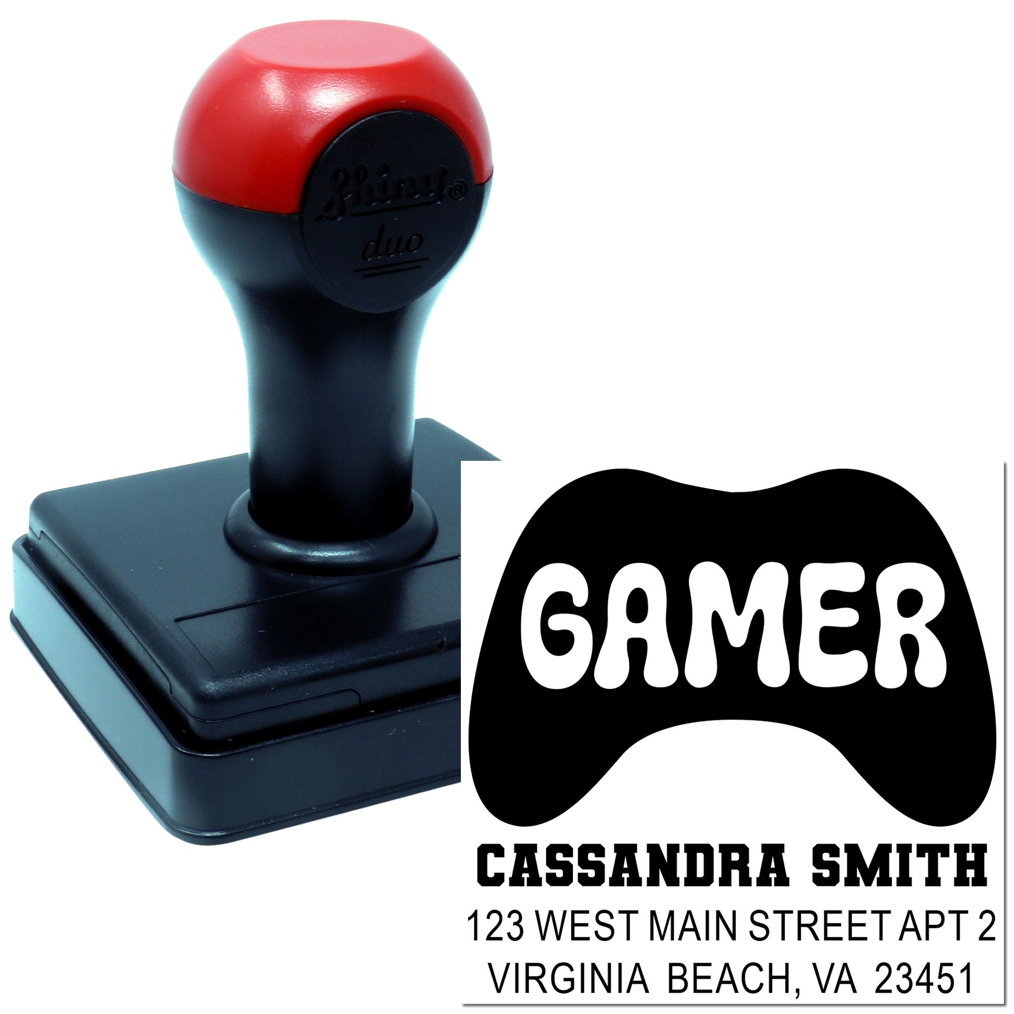 Custom gamer return address rubber stamp with controller design, name, and address for personalized mailing.