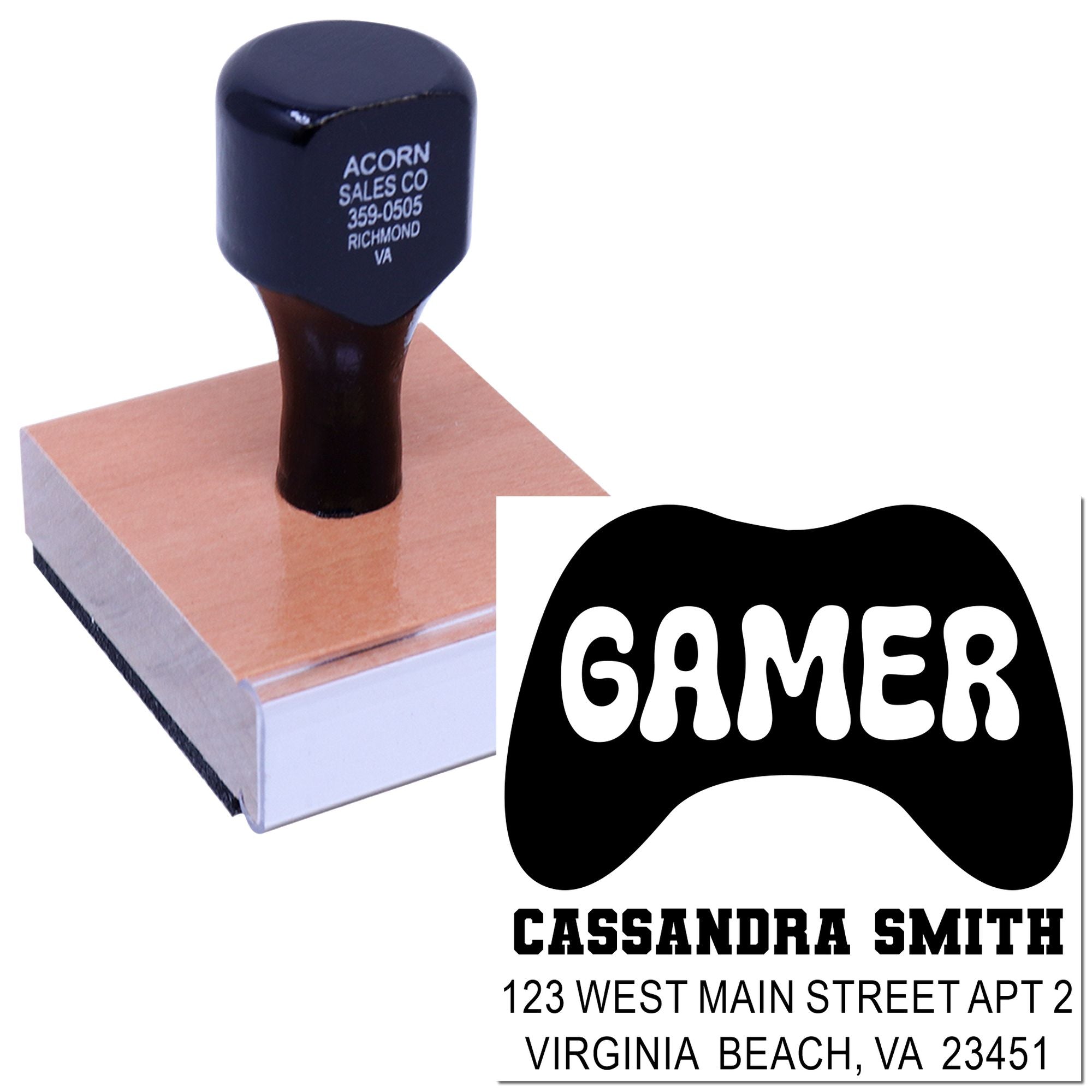 Custom gamer rubber stamp with personalized name, address, and logo imprint