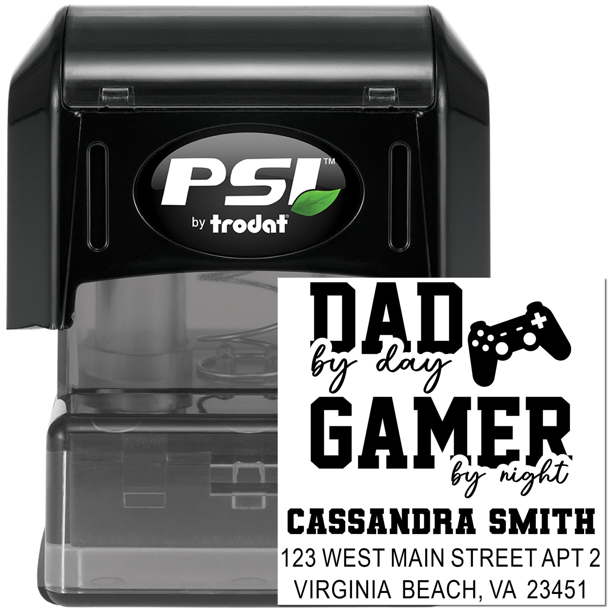 Personalized self-inking rubber stamp for dads, featuring Dad by day, Gamer by night and a custom return address.