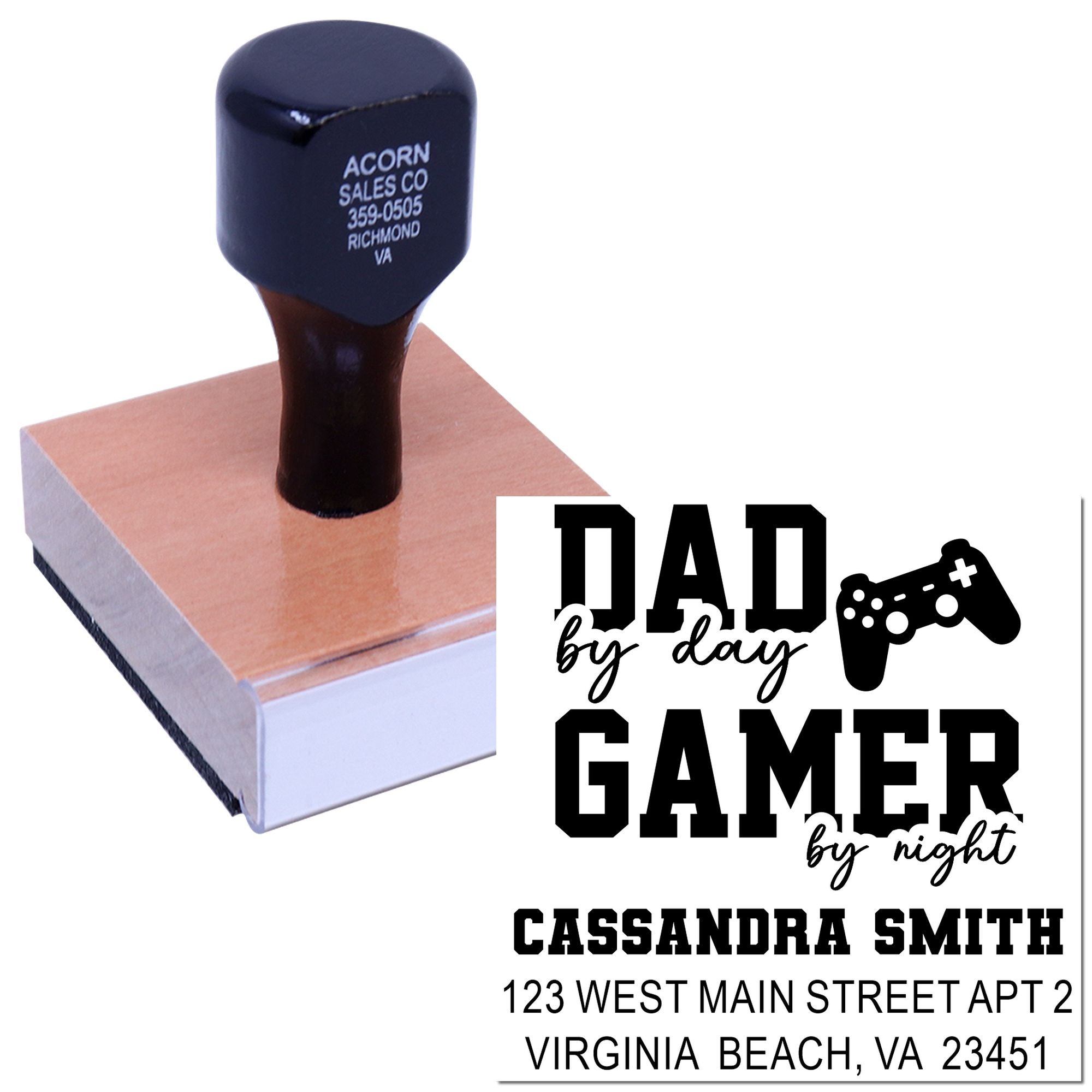 Custom gamer dad rubber address stamp with name and Virginia Beach address for Fathers Day gifts and personal mail