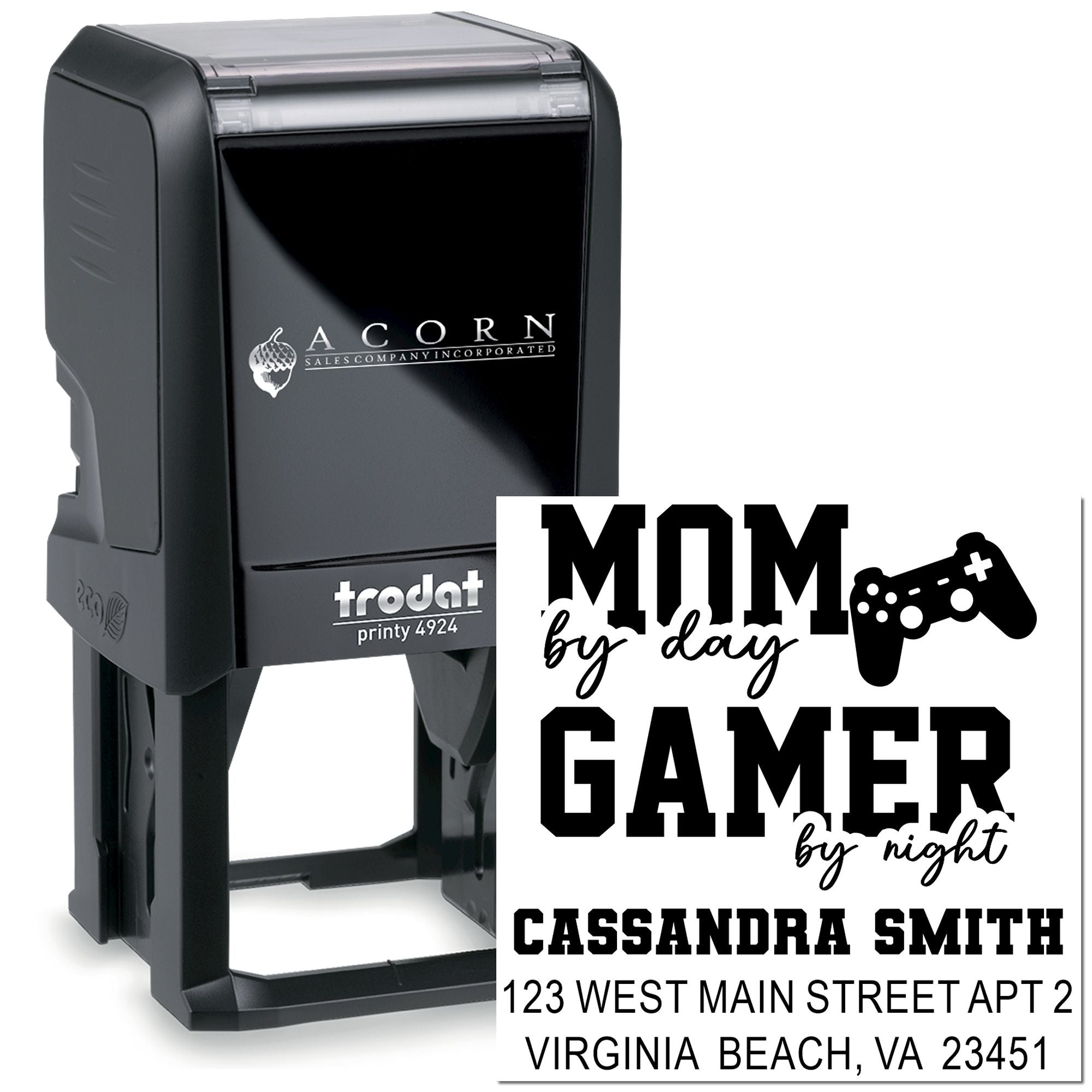 Custom self-inking rubber address stamp with Mom by Day, Gamer by Night design and personalized name and address.