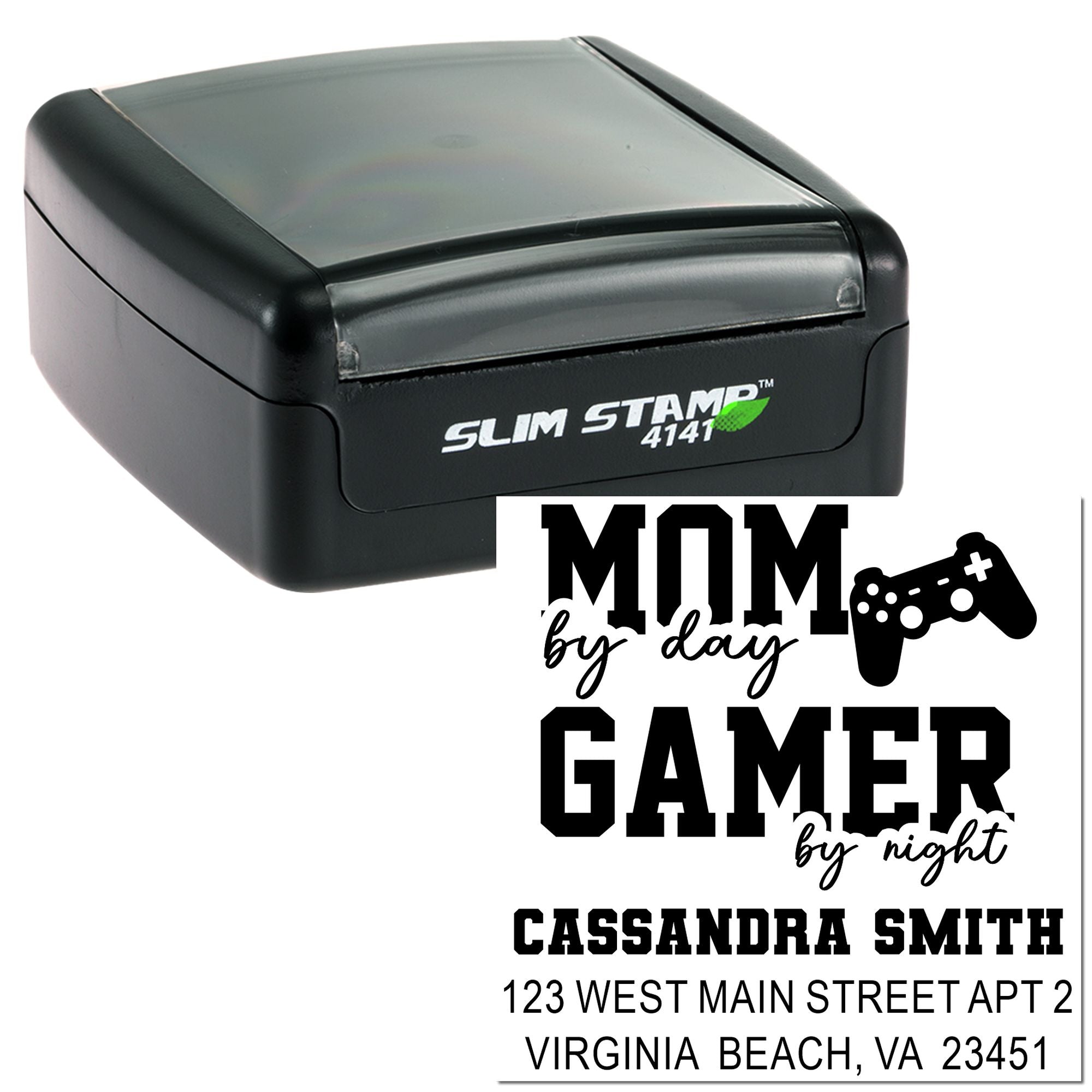 Custom self-inking rubber stamp with personalized Mom by day, gamer by night name and address design.