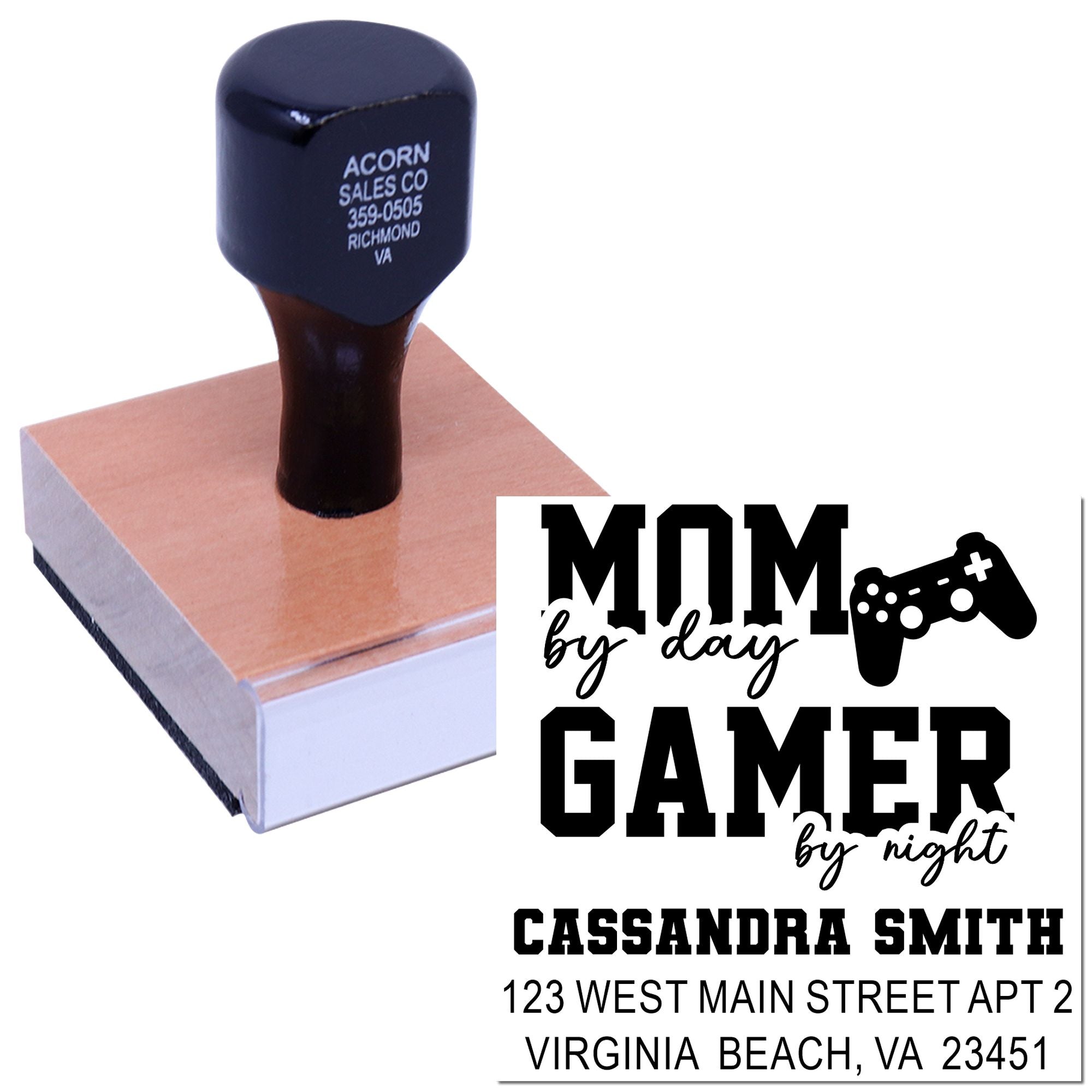 Personalized rubber stamp design for gamer moms with name, address, and Mom by day, Gamer by night text.