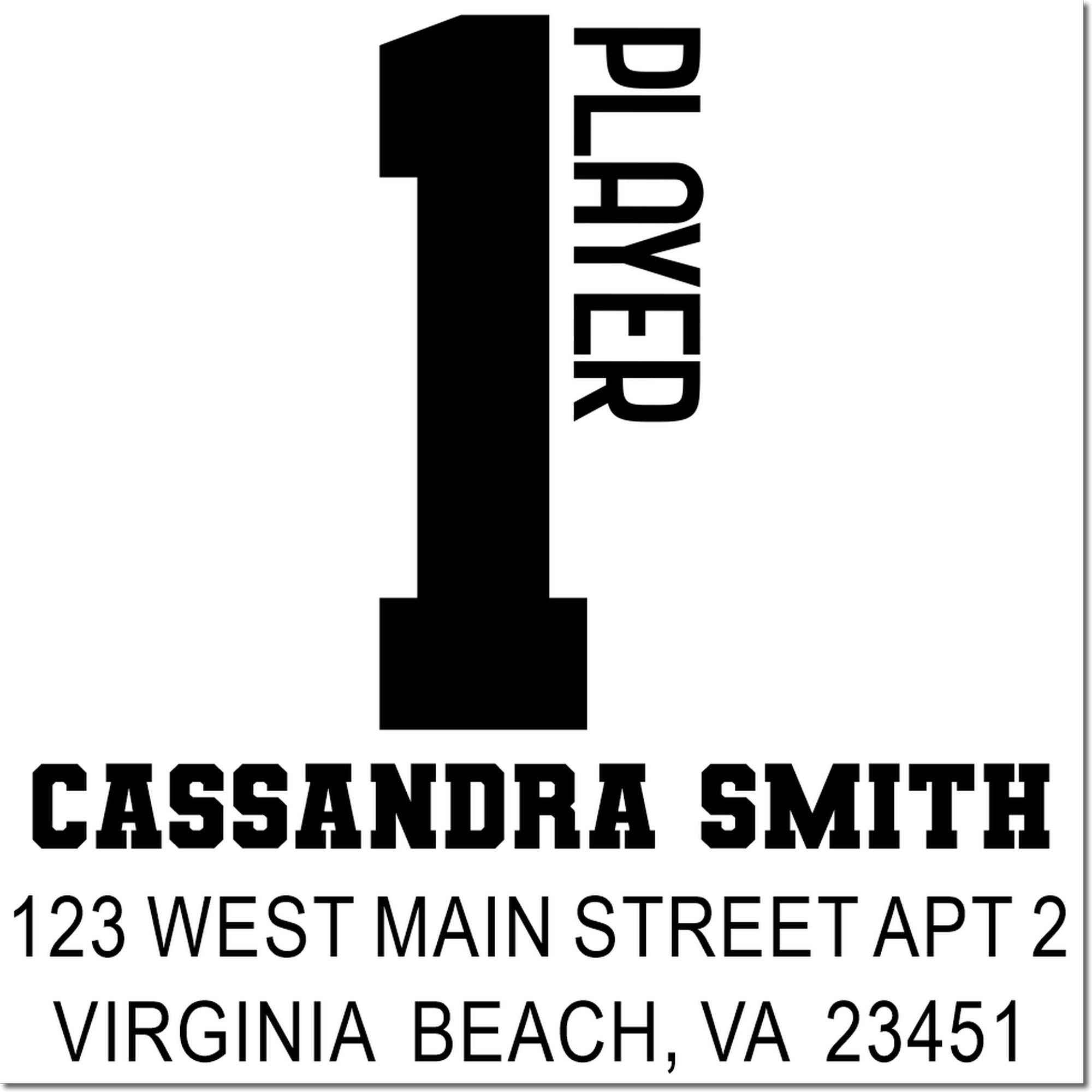 Player 1 custom rubber stamp with Cassandra Smith return address, Virginia Beach, VA 23451.