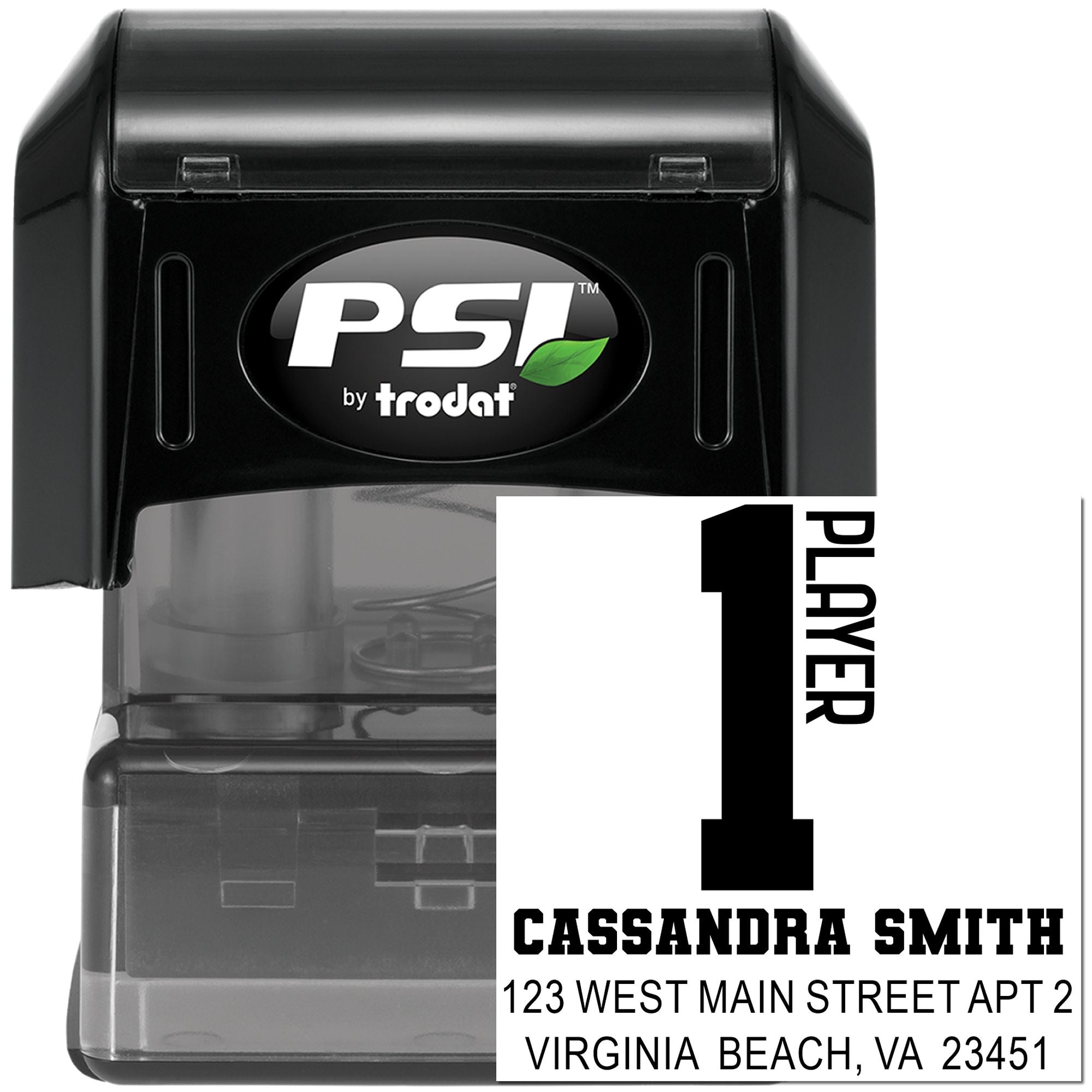 PSI by Trodat custom self-inking address stamp with Player 1 and Cassandra Smith return address.
