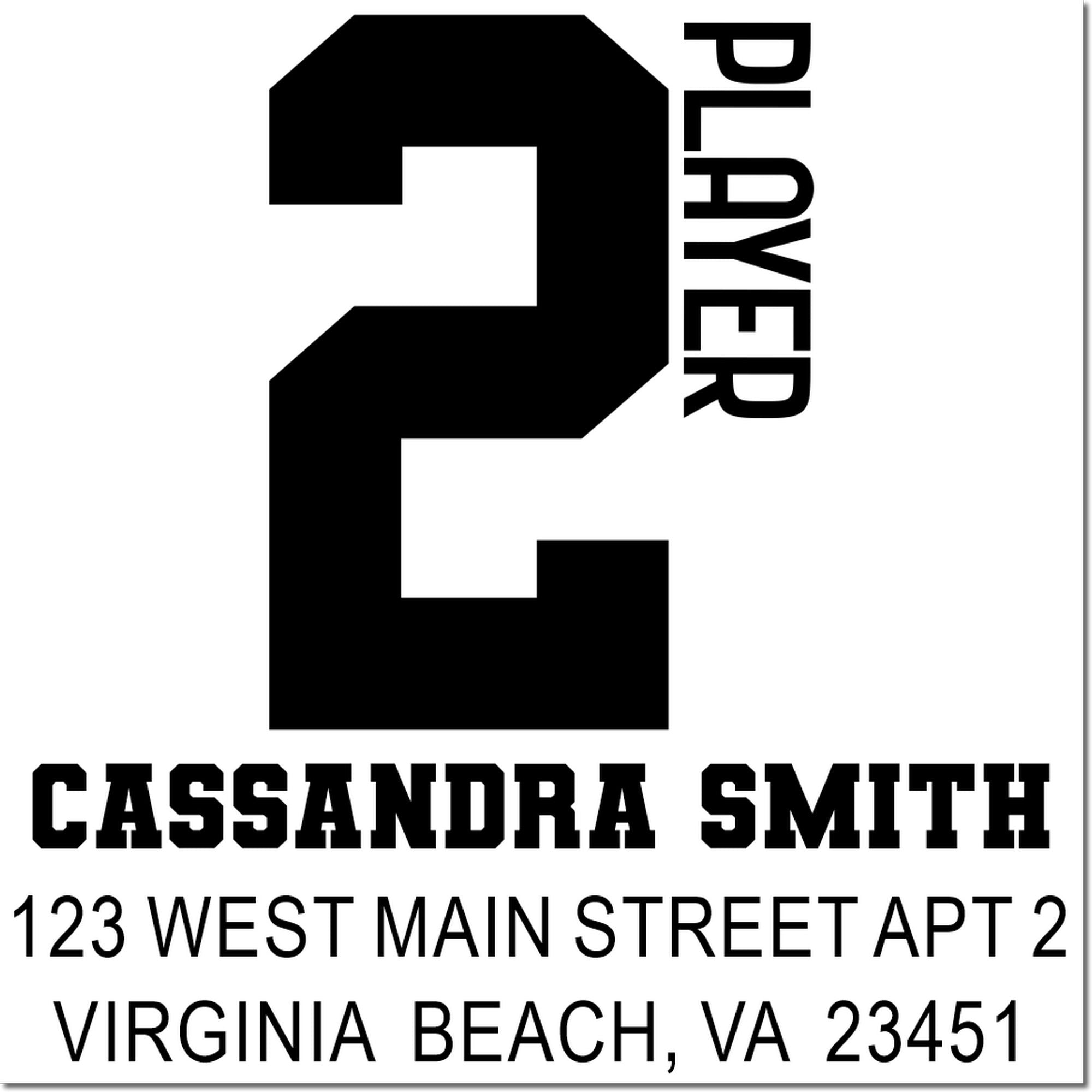 Custom return address rubber stamp for Cassandra Smith, 123 West Main Street Apt 2, Virginia Beach, VA 23451