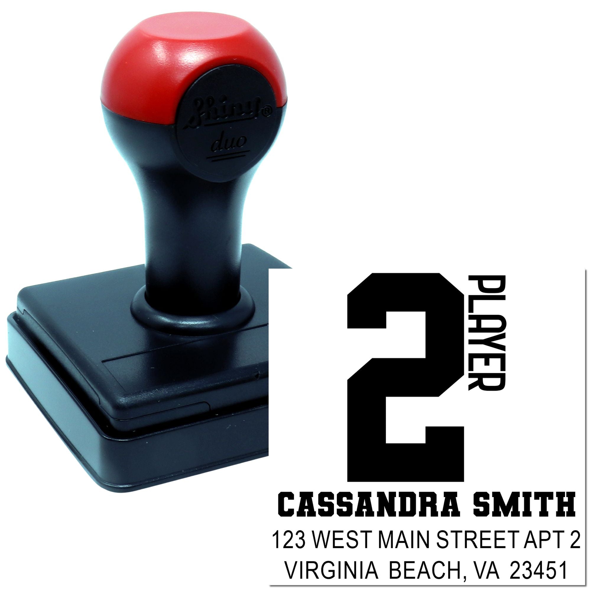 Custom self-inking rubber address stamp with Player 2 design, name and mailing address for personalized mailings.