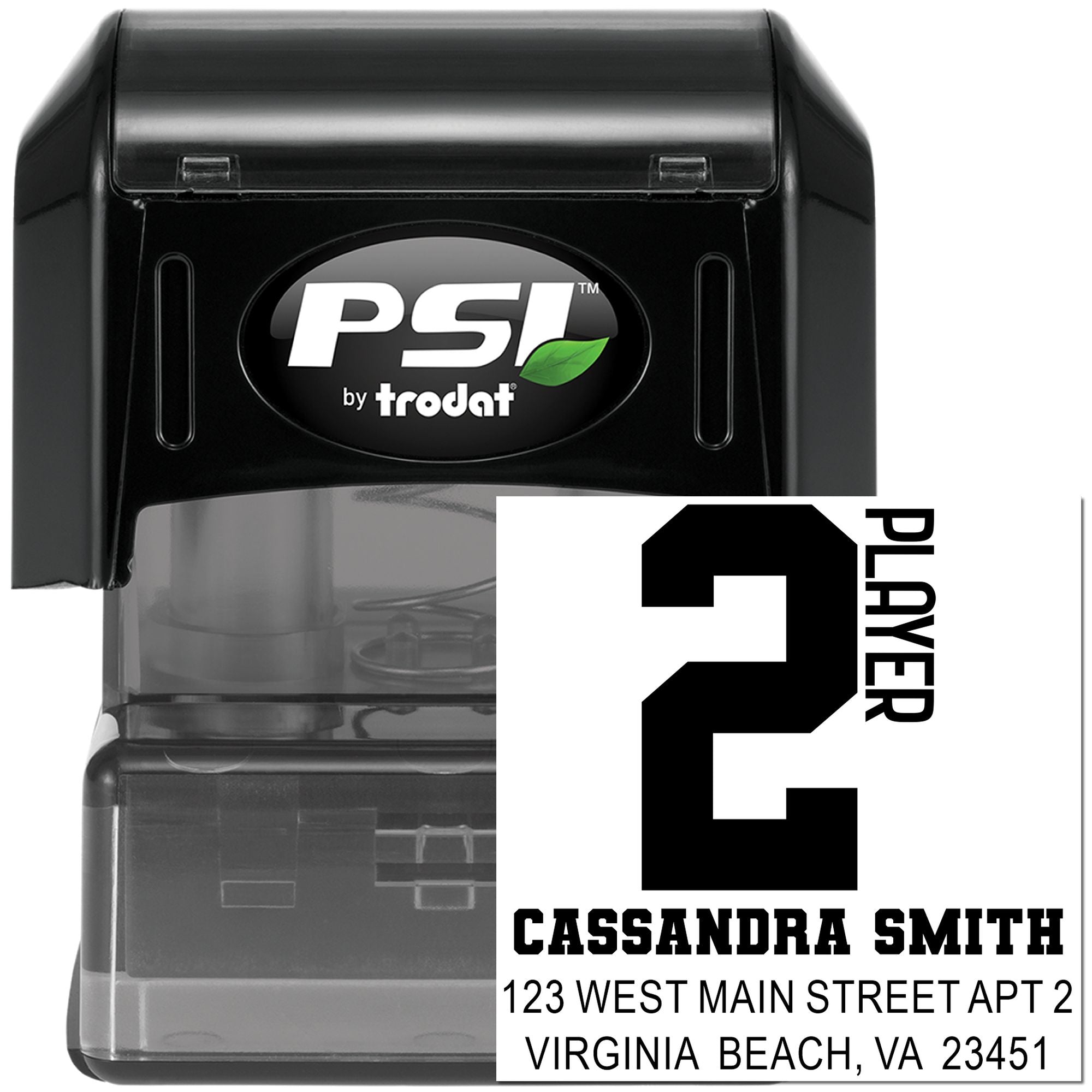 PSI by Trodat self-inking address rubber stamp with custom Player 2 return address for Cassandra Smith.