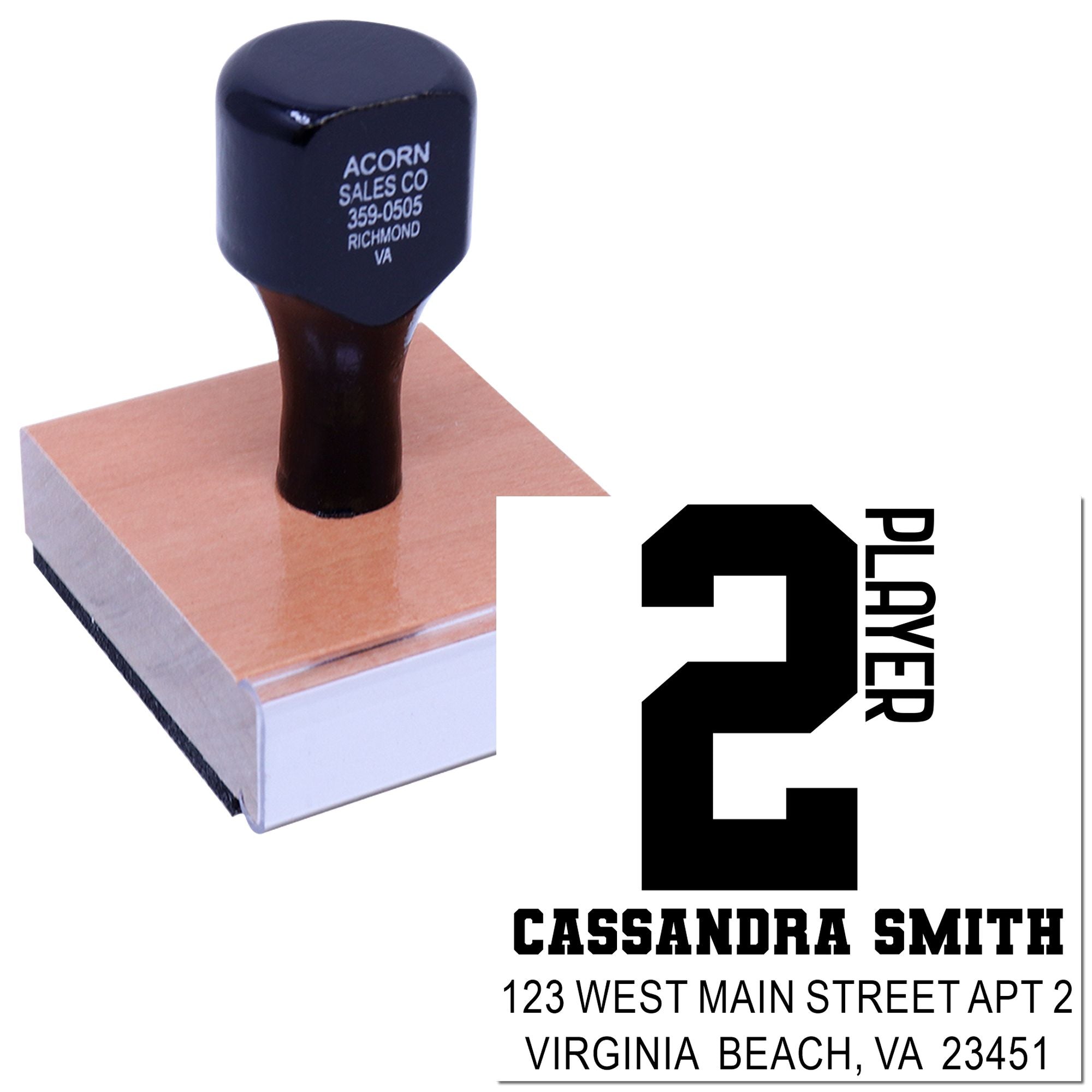 Custom rubber address stamp with Player 2 return address design for personalized mailing and office use.