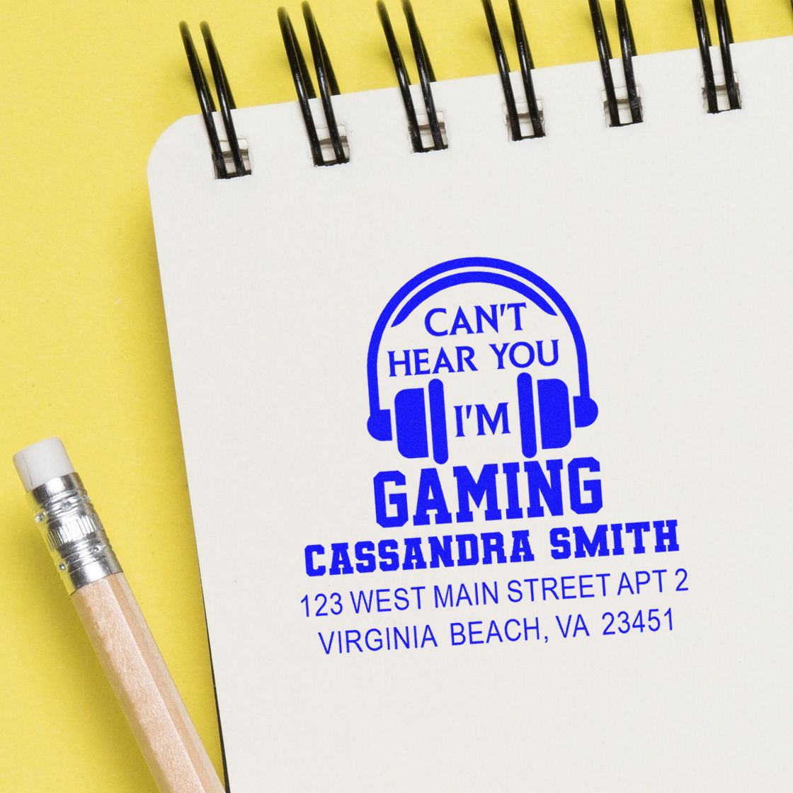 Personalized gamer rubber stamp with Cant Hear You Im Gaming design, name, and address for custom stationery.