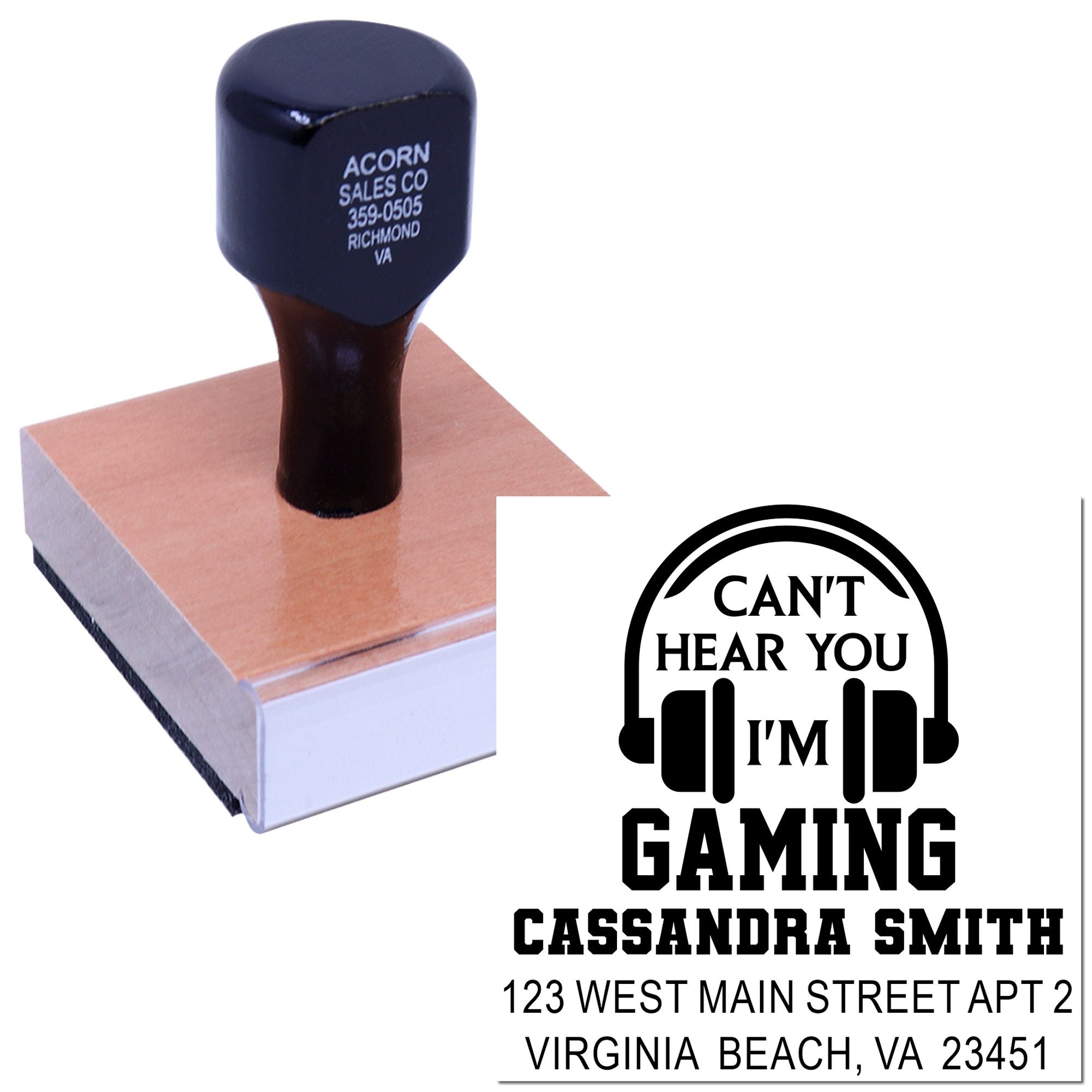 Custom rubber stamp sample with personalized gaming-themed return address design for mailing, branding, and crafts.