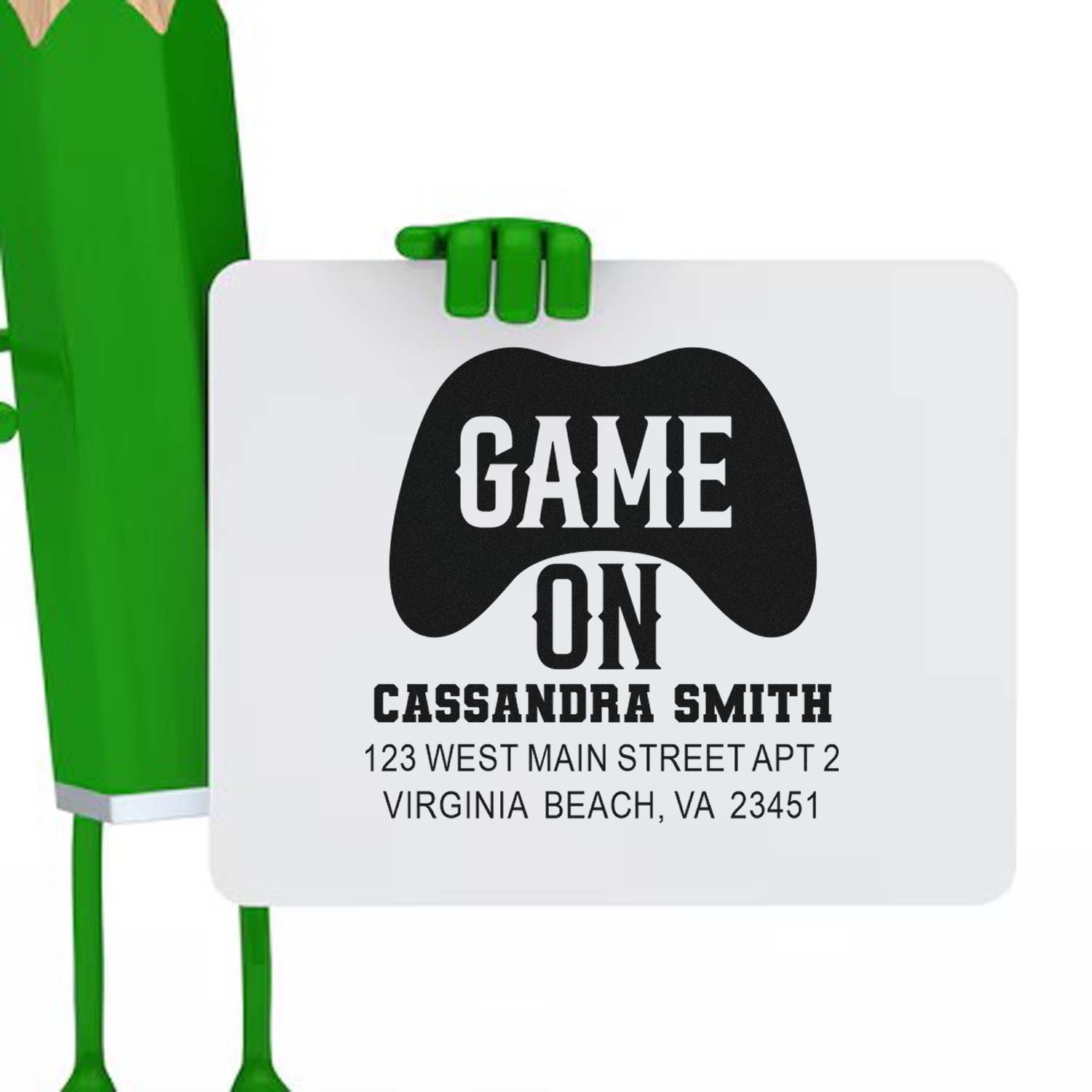 Custom Game On rubber stamp with gamer controller design and Cassandra Smith address for Virginia Beach VA mailing labels.