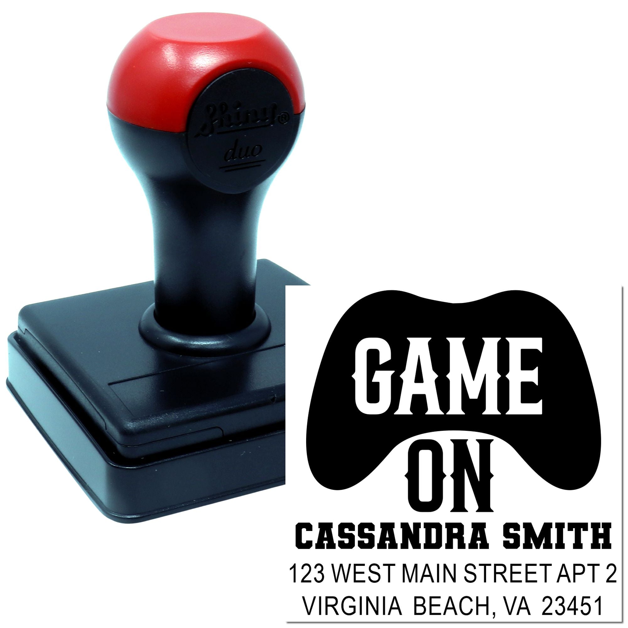 Custom rubber stamp with Game On design and address for personalized mail, gifts, and packaging.