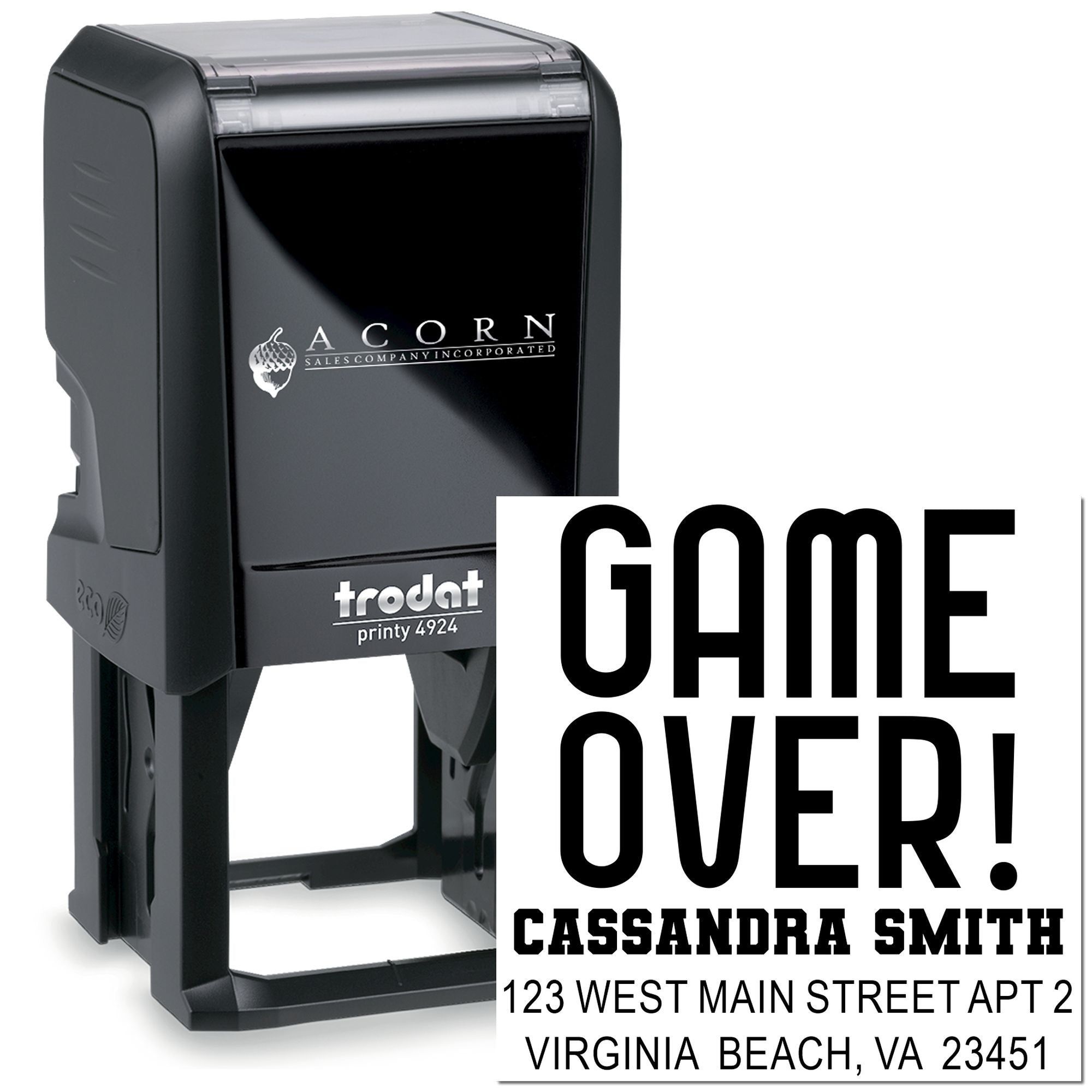 Custom self-inking rubber stamp with Game Over! text and return address, ideal for gamer-themed mail and branding.