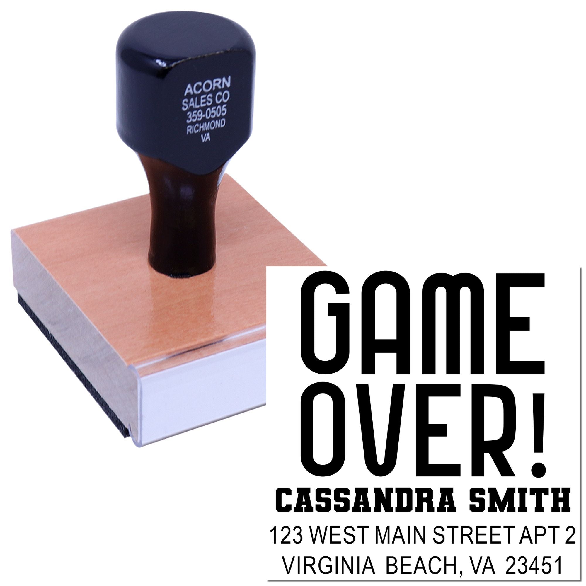 Custom rubber stamp showing a bold Game Over! return address imprint for personalized mailing and branding.