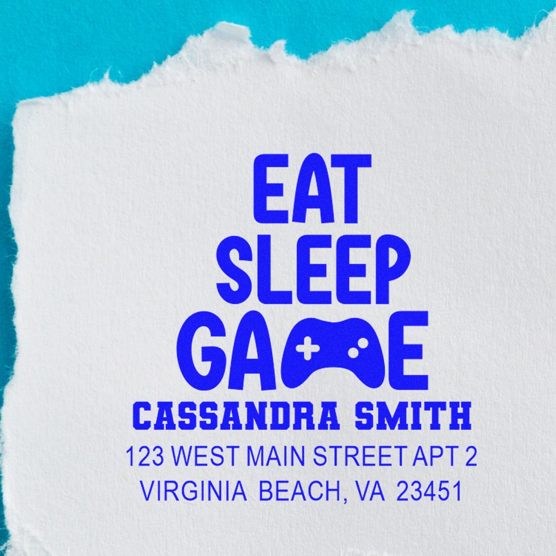 Personalized gamer return address rubber stamp with Eat Sleep Game design for Cassandra Smith, Virginia Beach, VA.