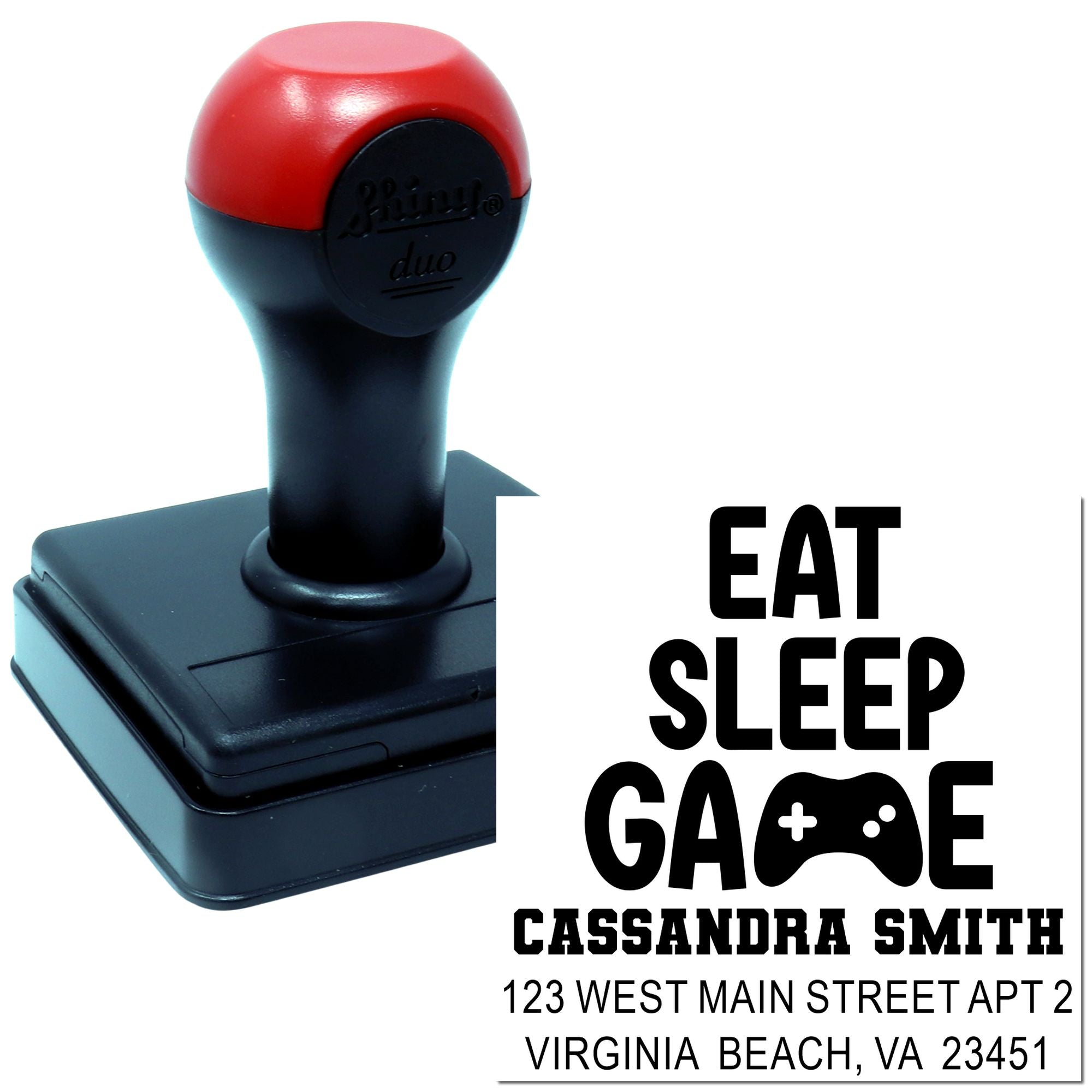 Custom self-inking rubber stamp with Eat Sleep Game design, personalized name, and return address.
