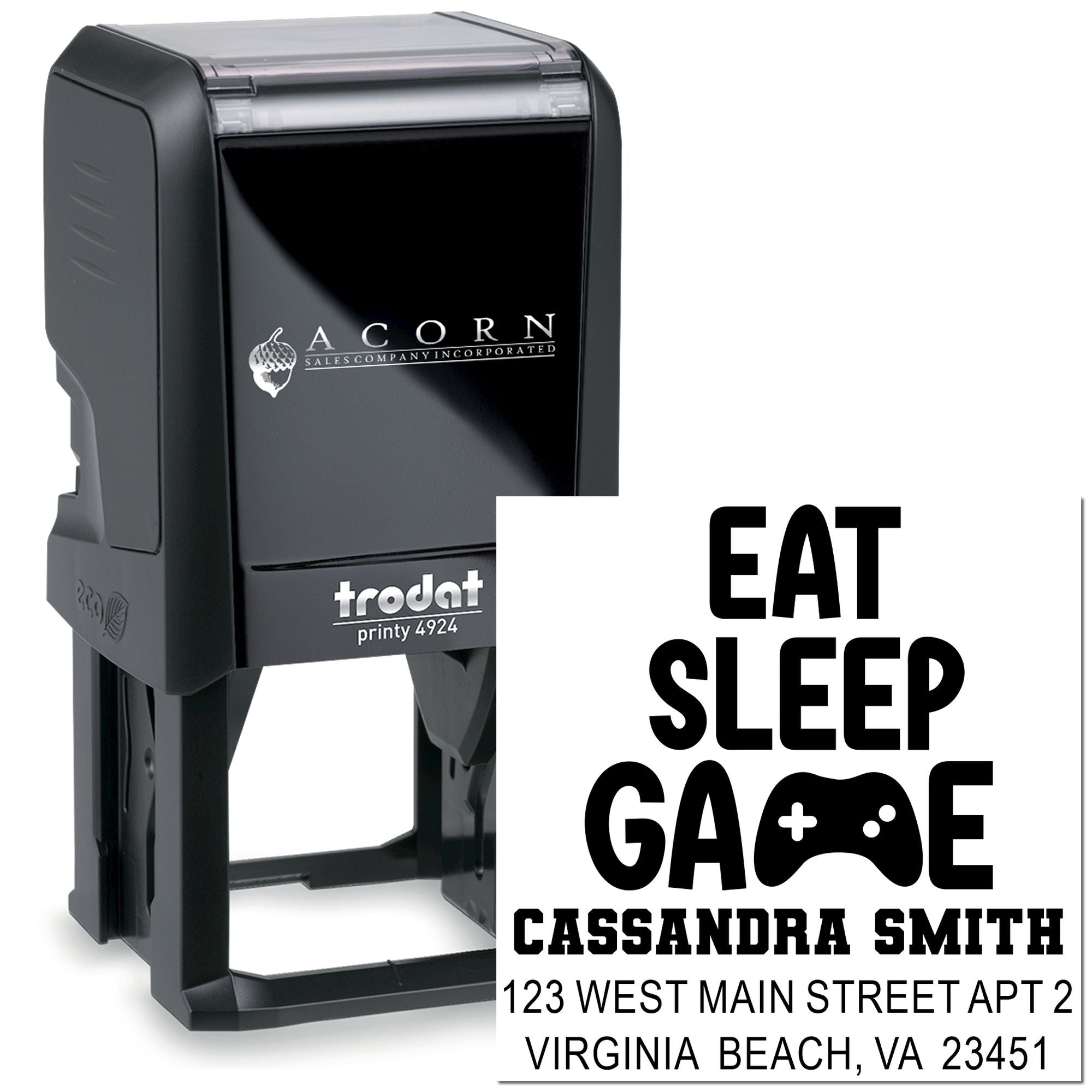Custom self-inking rubber stamp with Eat Sleep Game design, name, and address on Trodat Printy 4924.