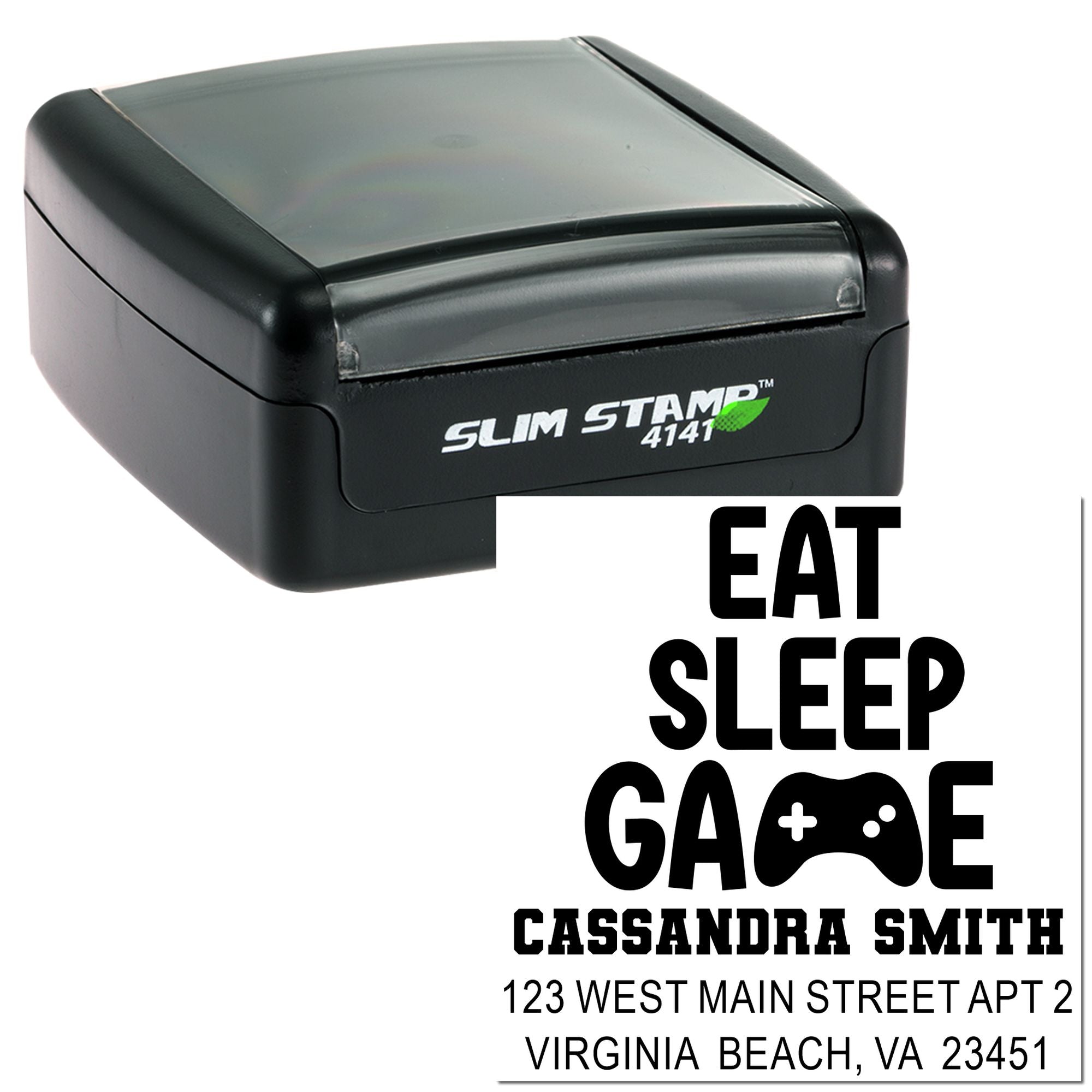 Custom self-inking rubber stamp with Eat Sleep Game return address design for Cassandra Smith.