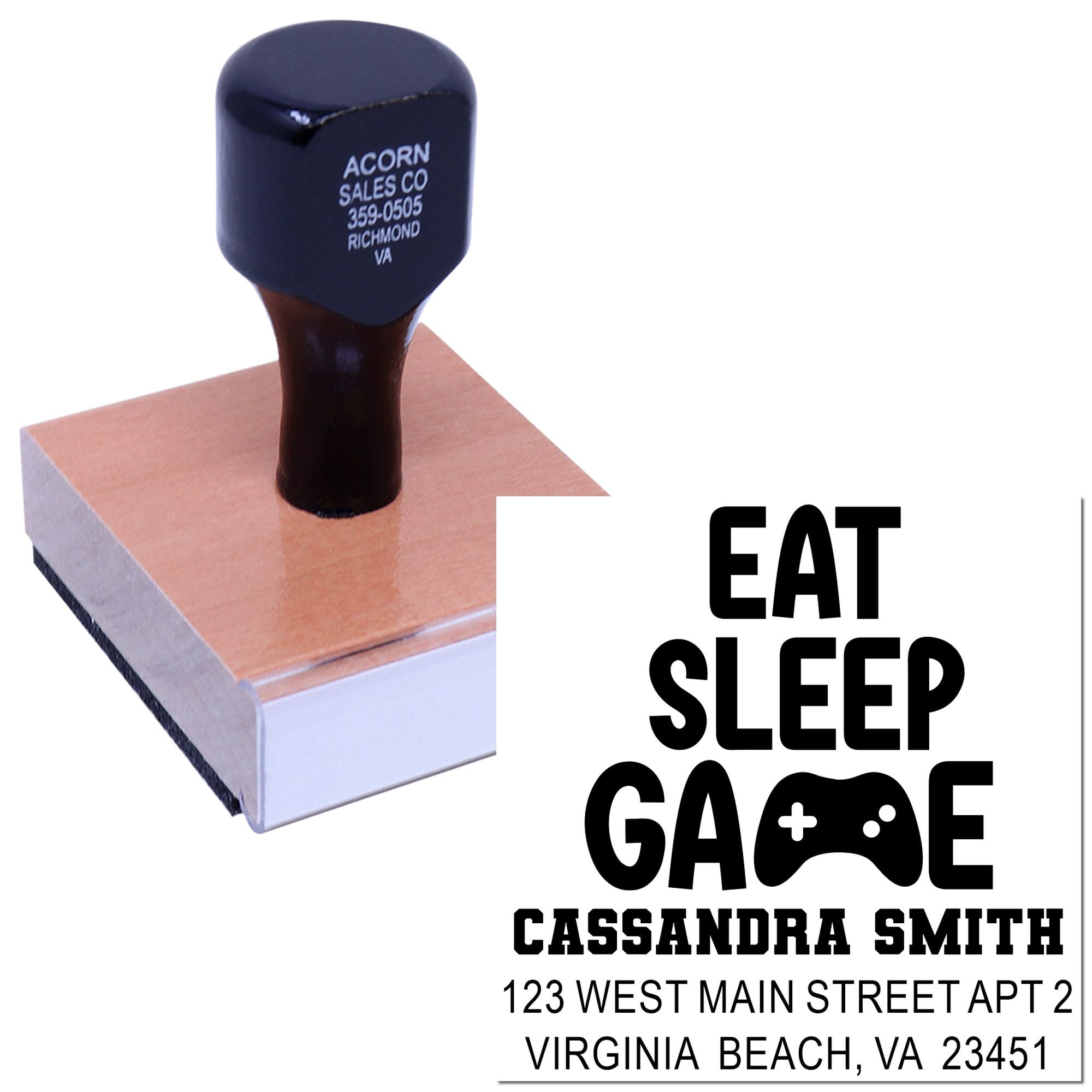 Personalized rubber stamp for EAT SLEEP GAME address labels with name, street address, and Virginia Beach, VA return address.