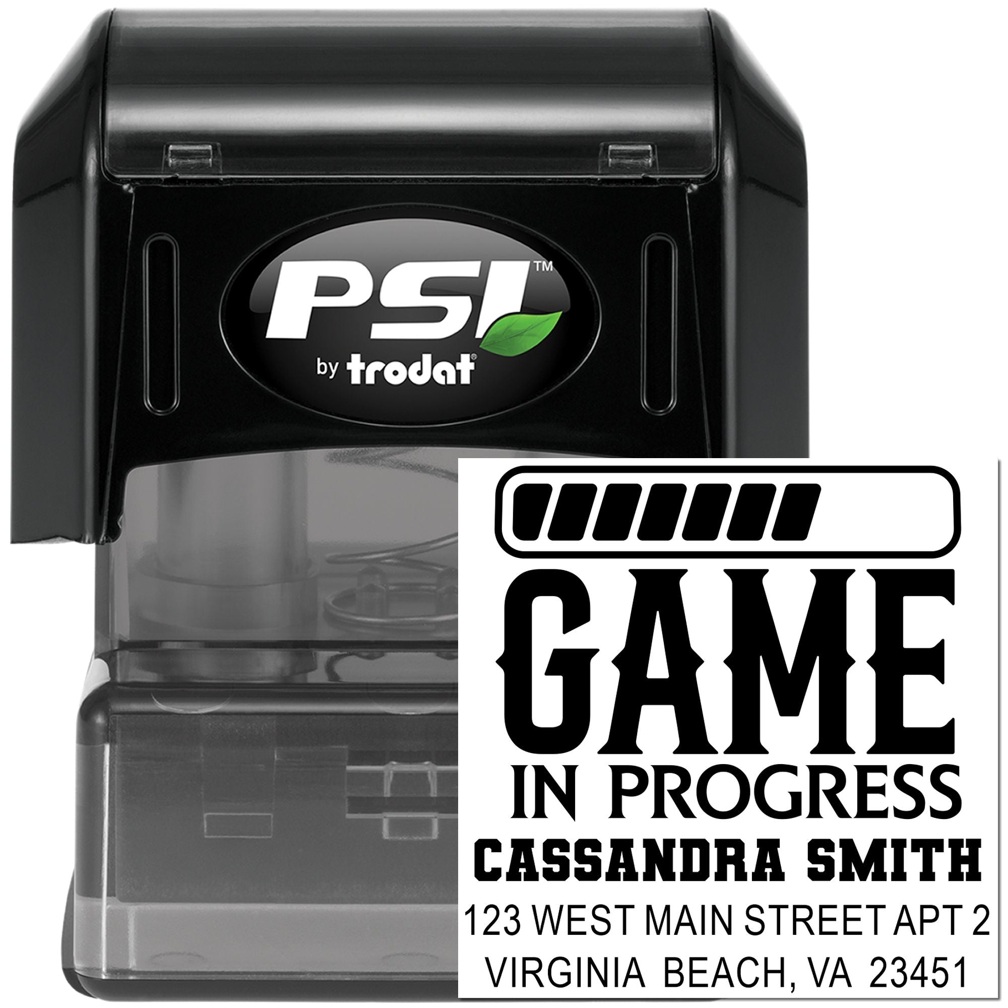 PSI by Trodat self-inking rubber stamp with custom Game in Progress personalized address stamp design