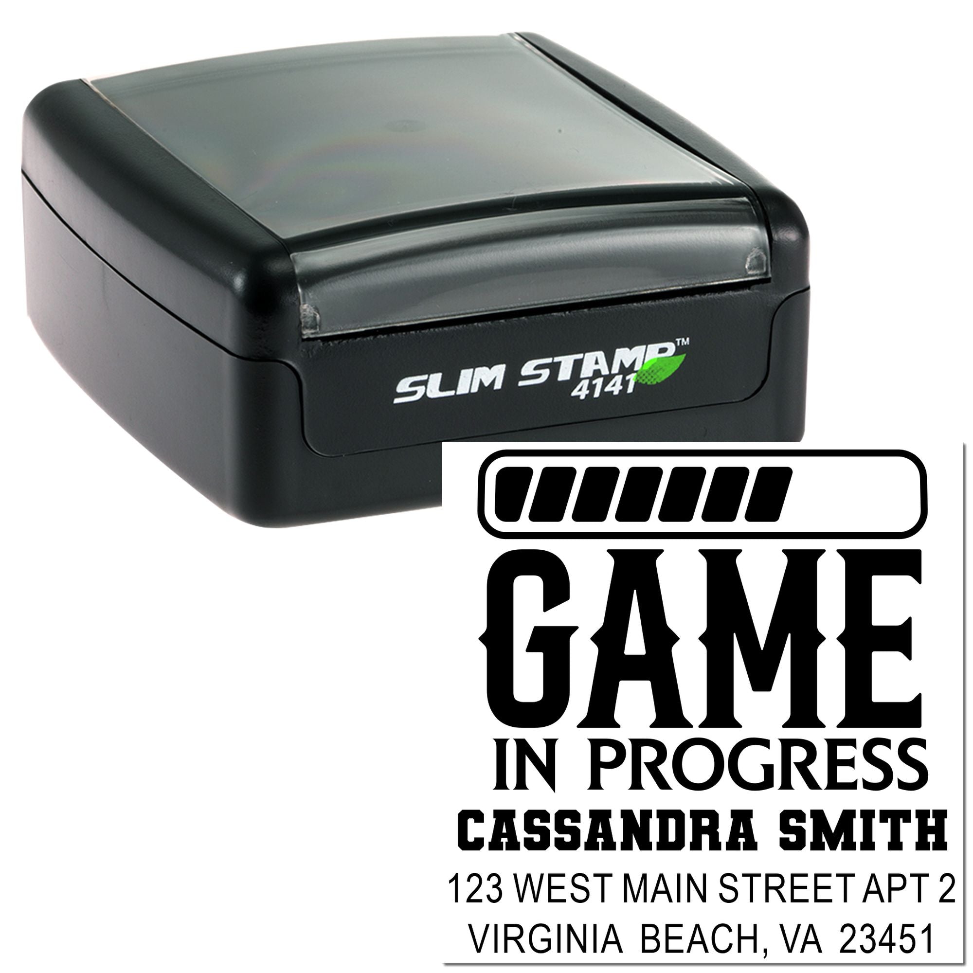 Custom self-inking rubber stamp with Game In Progress design and return address, shown on Slim Stamp 4141.