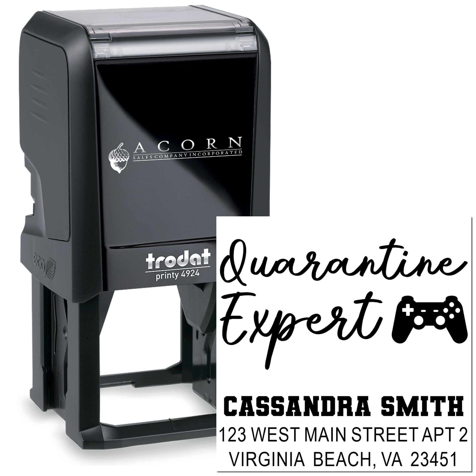 Trodat self-inking rubber stamp with Quarantine Expert design and custom name/address imprint for personalized business use.