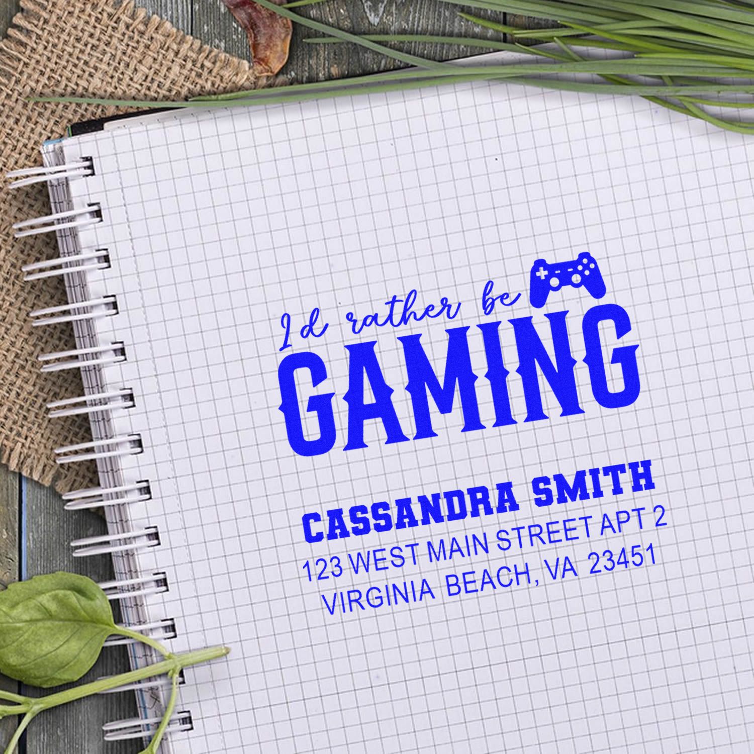 Custom gamer rubber stamp with Id rather be Gaming text, controller icon, and personalized return address.