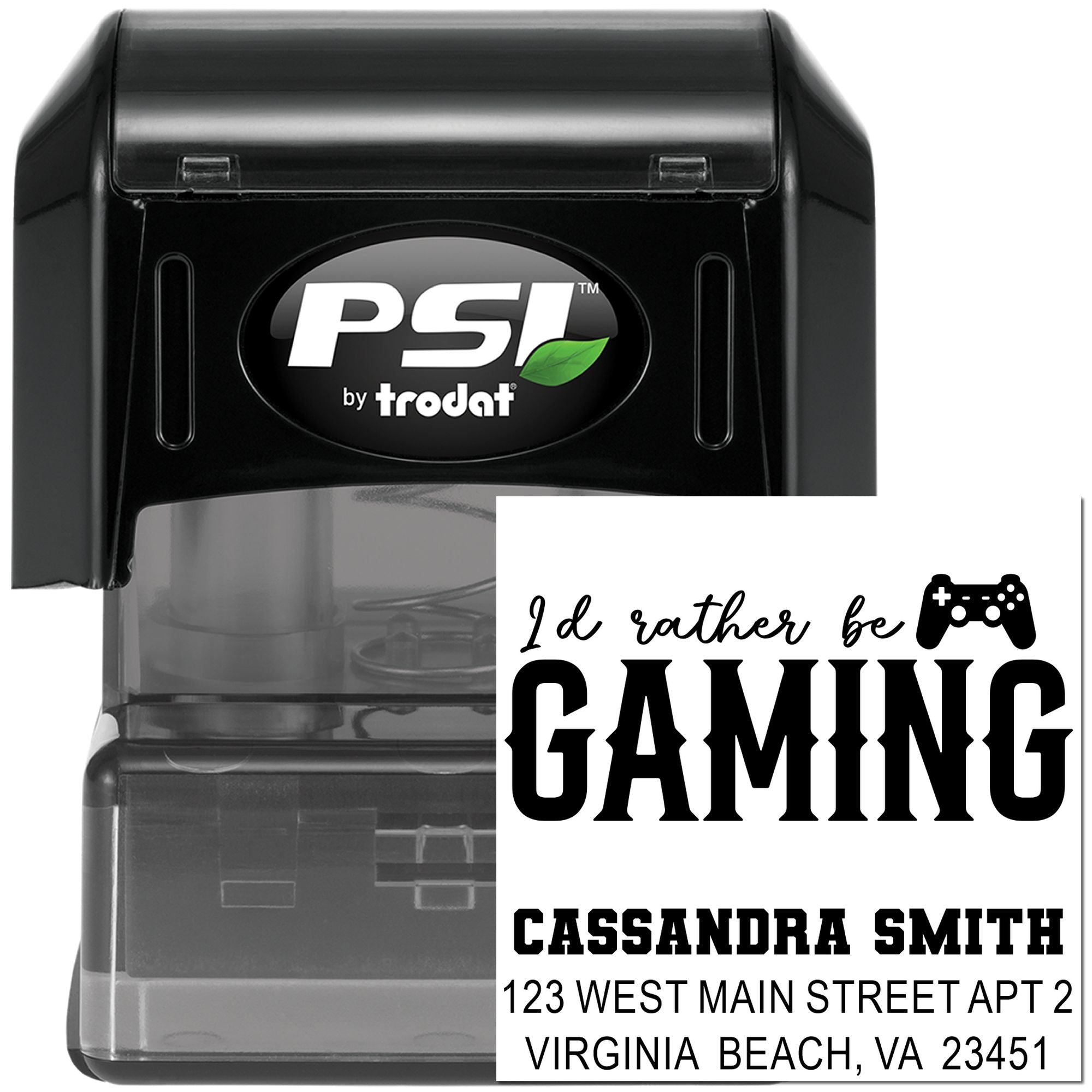 Personalized self-inking rubber stamp for gamers with custom name, address, and Id rather be gaming design.