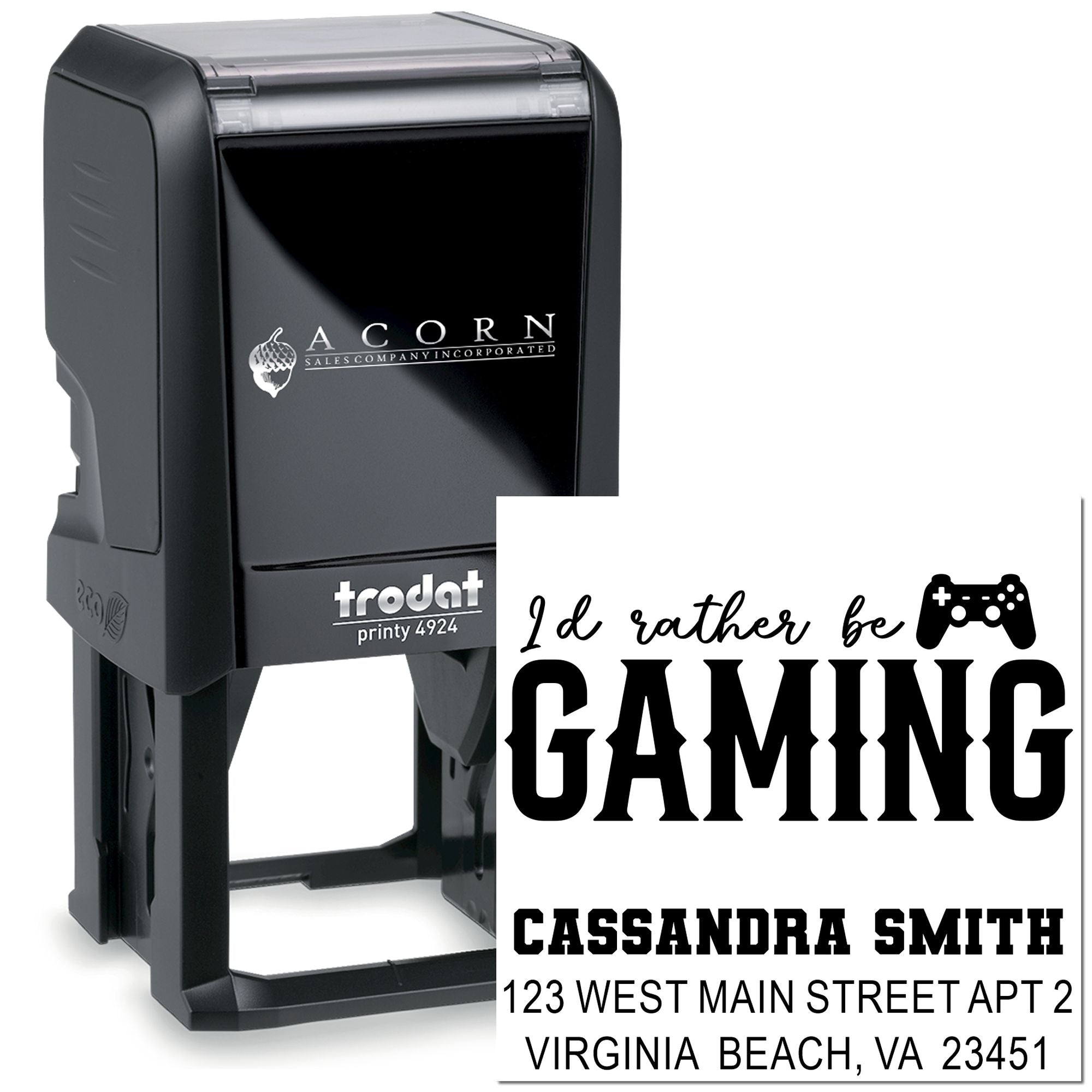 Trodat self-inking custom rubber stamp with Id rather be gaming design, name and address for personalized use.