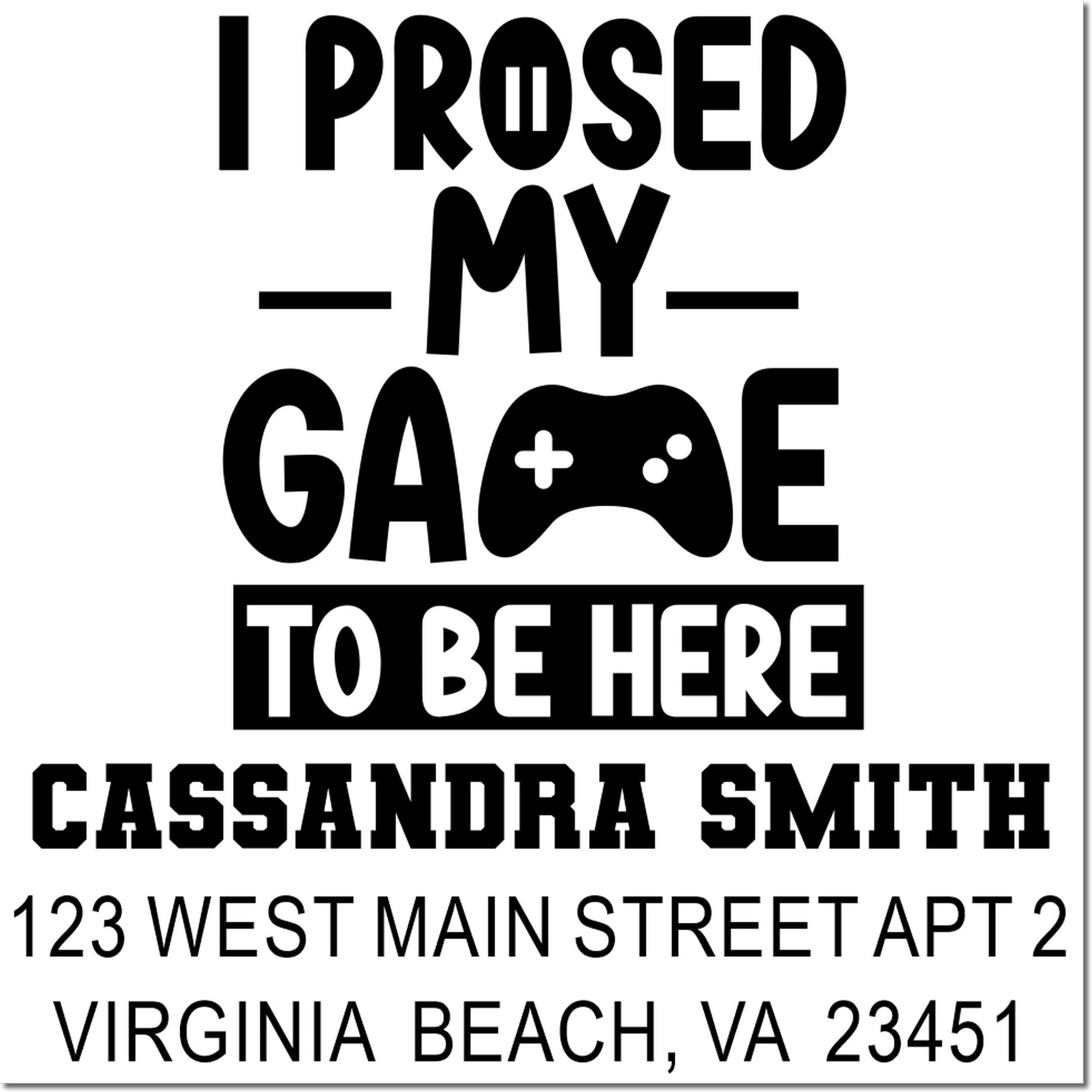 Custom gamer rubber stamp with controller graphic and personalized return address for Cassandra Smith, Virginia Beach VA 23451.