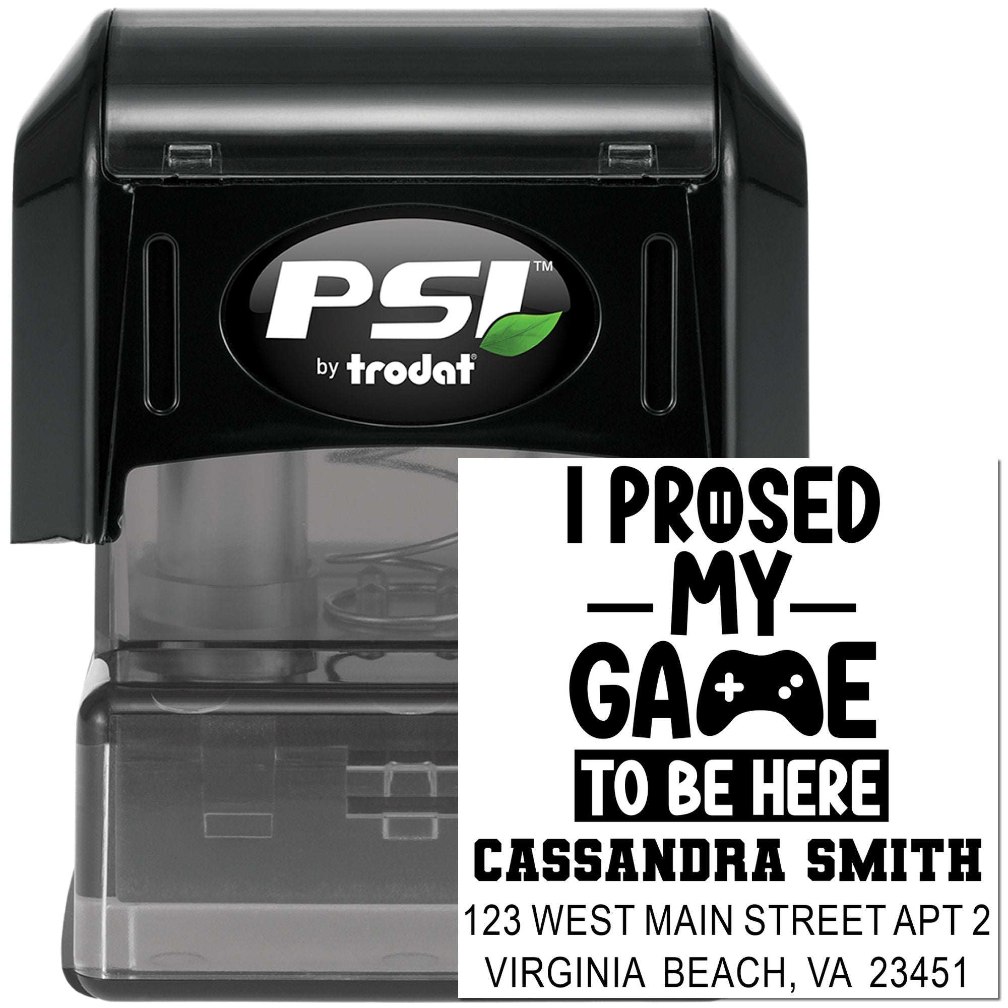 Custom gamer-themed return address rubber stamp by PSI by Trodat, personalized with name and address.