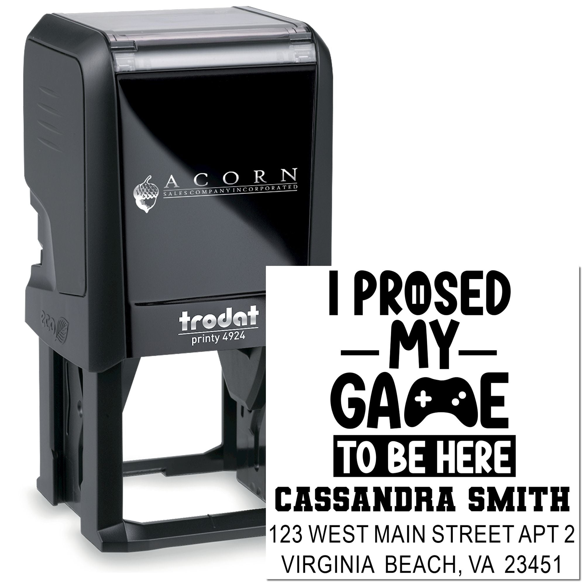 Custom self-inking rubber stamp with personalized name, address, and gaming-themed I pressed my game to be here design.