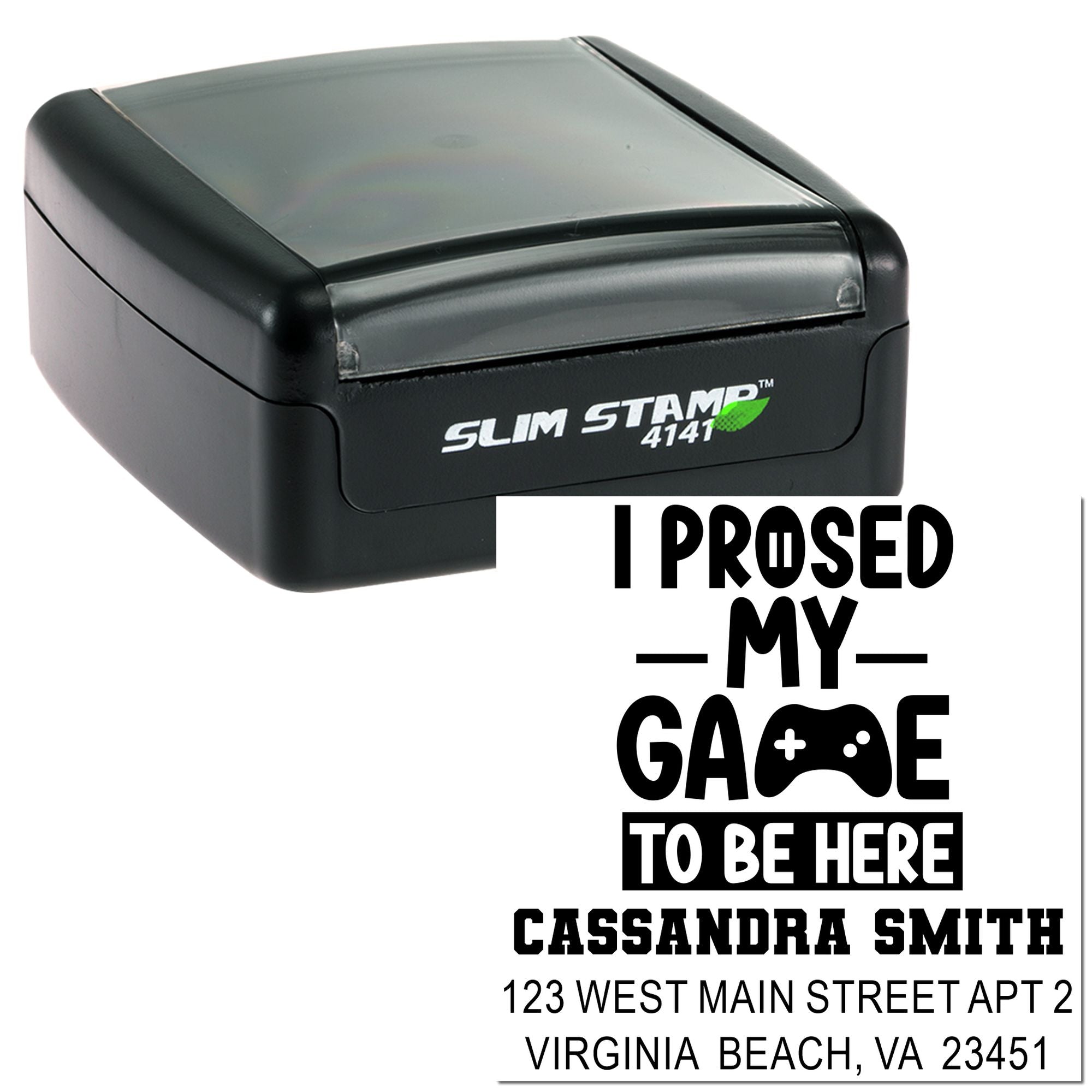 Personalized gamer-themed return address rubber stamp with Slim Stamp 4141 self-inking case.