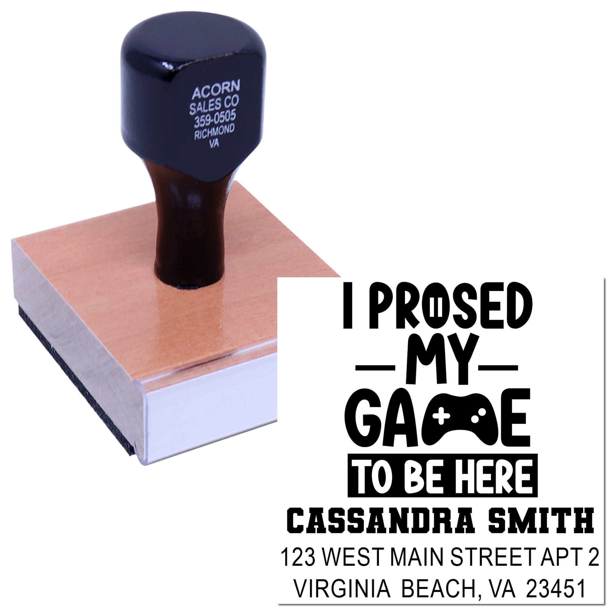 Personalized custom rubber stamp with gamer-themed return address imprint featuring name, address, and slogan.