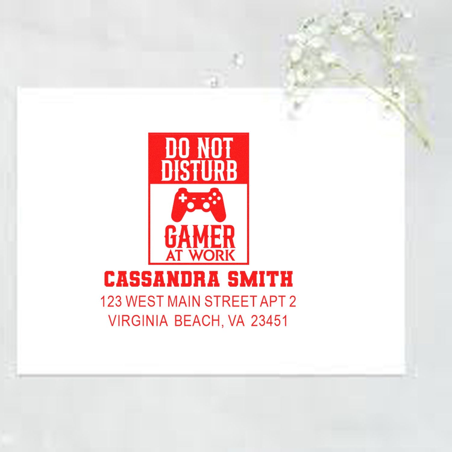 Custom Do Not Disturb Gamer at Work rubber stamp with name and address for personalized return addressing