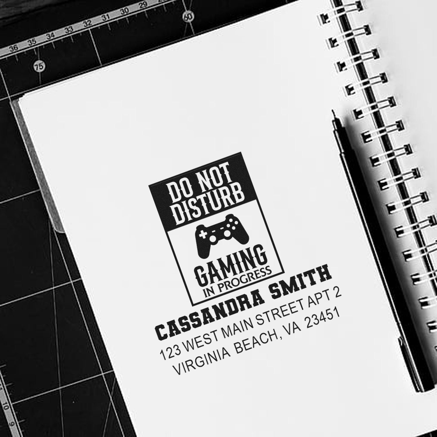 Personalized custom rubber stamp with Do Not Disturb Gaming in Progress and name/address for gamer stationery.