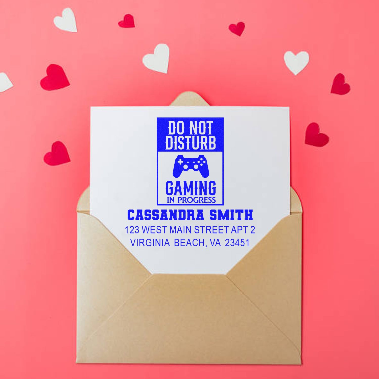 Custom rubber stamp on envelope: Do Not Disturb Gaming in Progress address stamp for personalized mail and gamer gifts.
