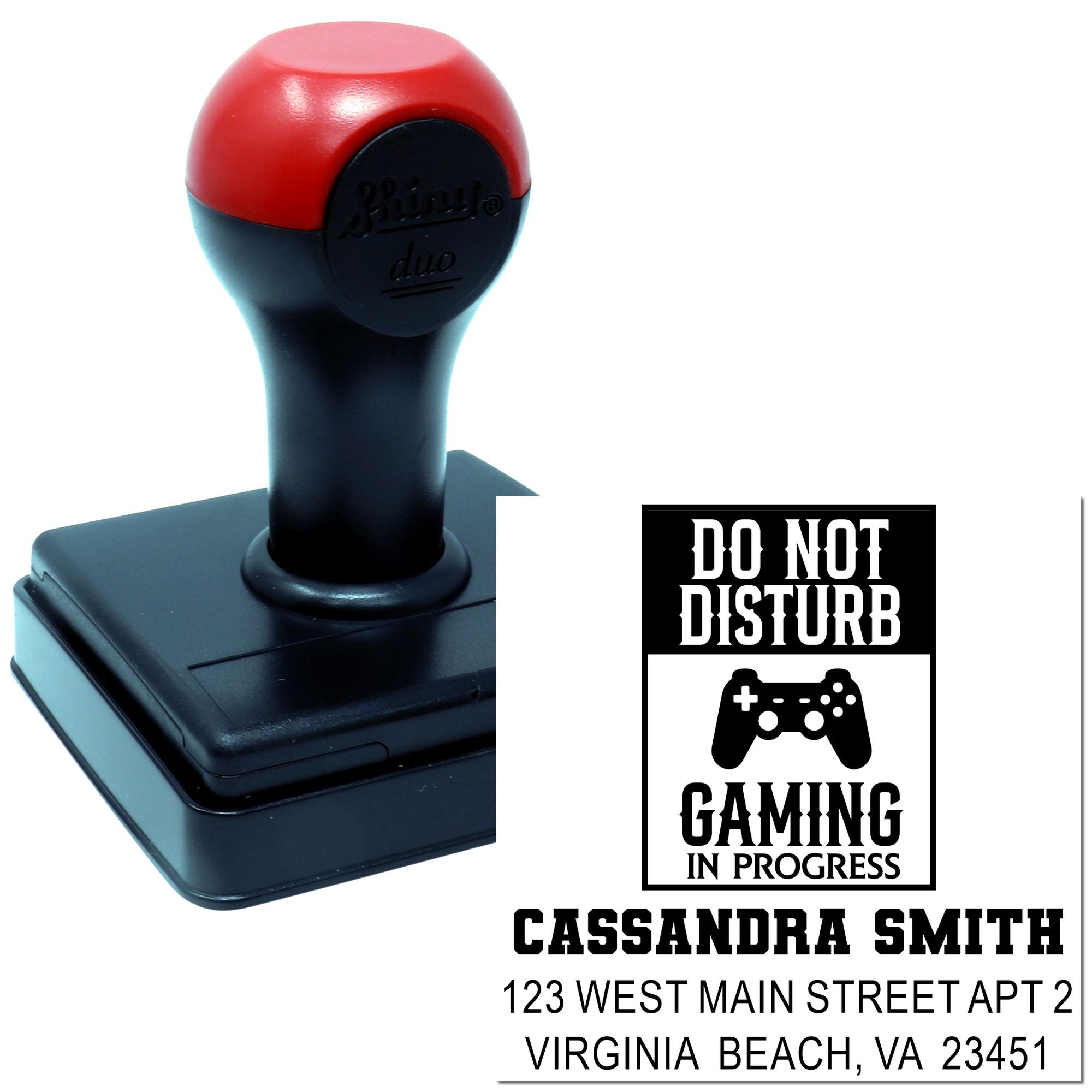 Custom self-inking rubber stamp for gaming: Do Not Disturb Gaming in Progress with name and address personalization.