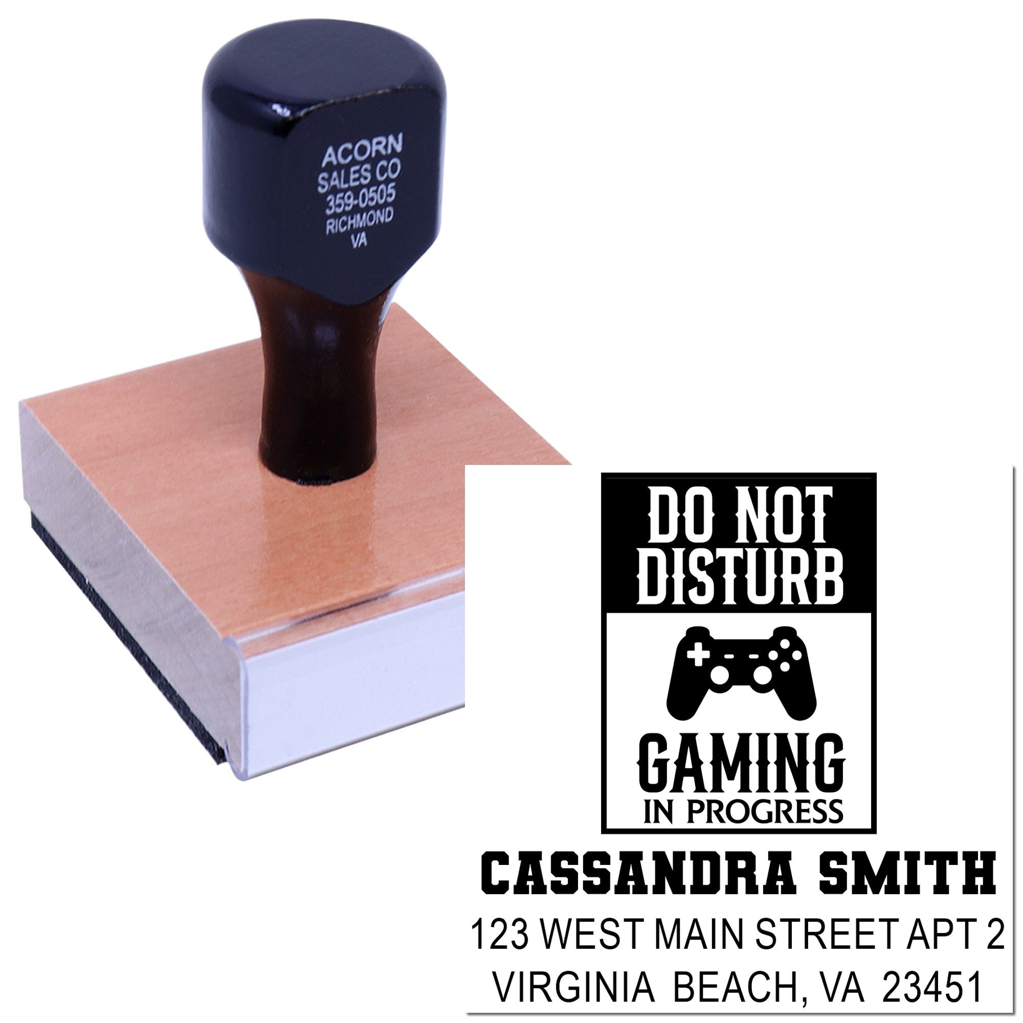Custom rubber stamp with Gaming in Progress and personalized return address for mail, packaging, or invitations.