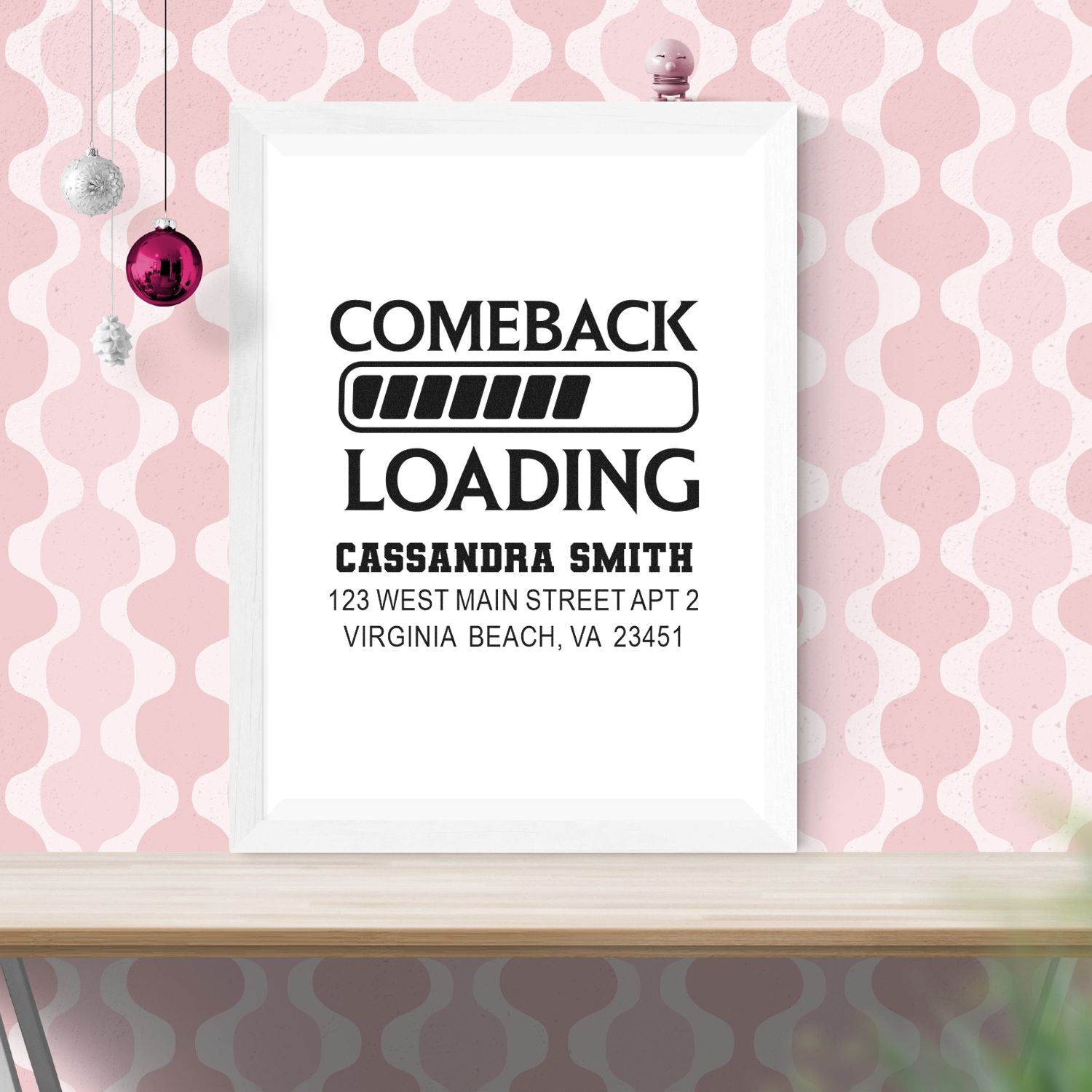Personalized Comeback Loading rubber stamp design with name and return address for custom self-inking stamps.