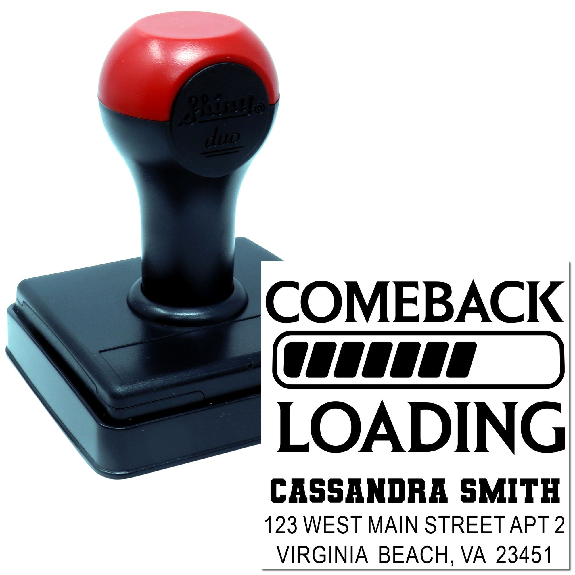 Custom self-inking rubber stamp with COMEBACK LOADING design and name/address lines for personalized business or return mail.