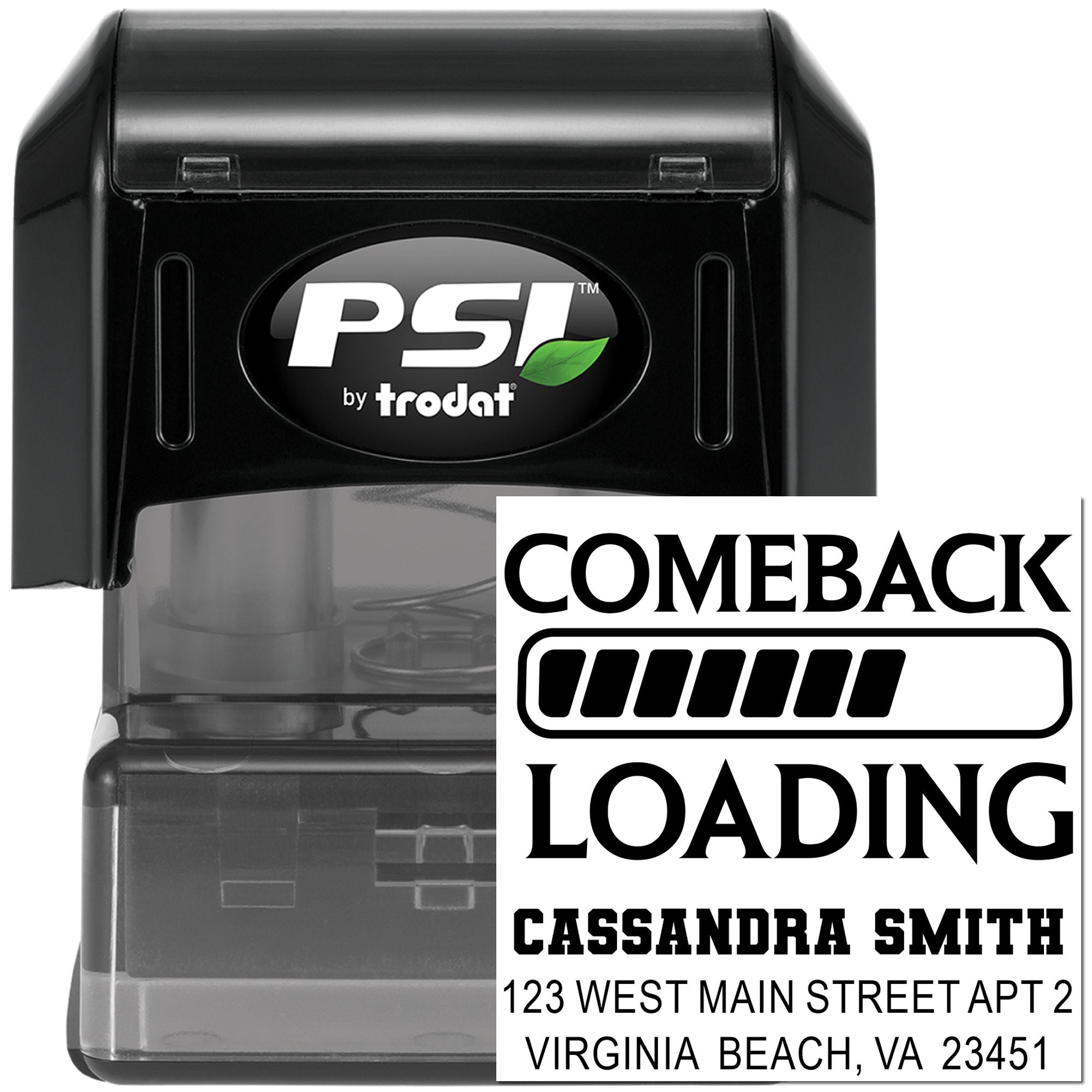 Custom self-inking address rubber stamp by PSI Trodat with Comeback Loading return address imprint.