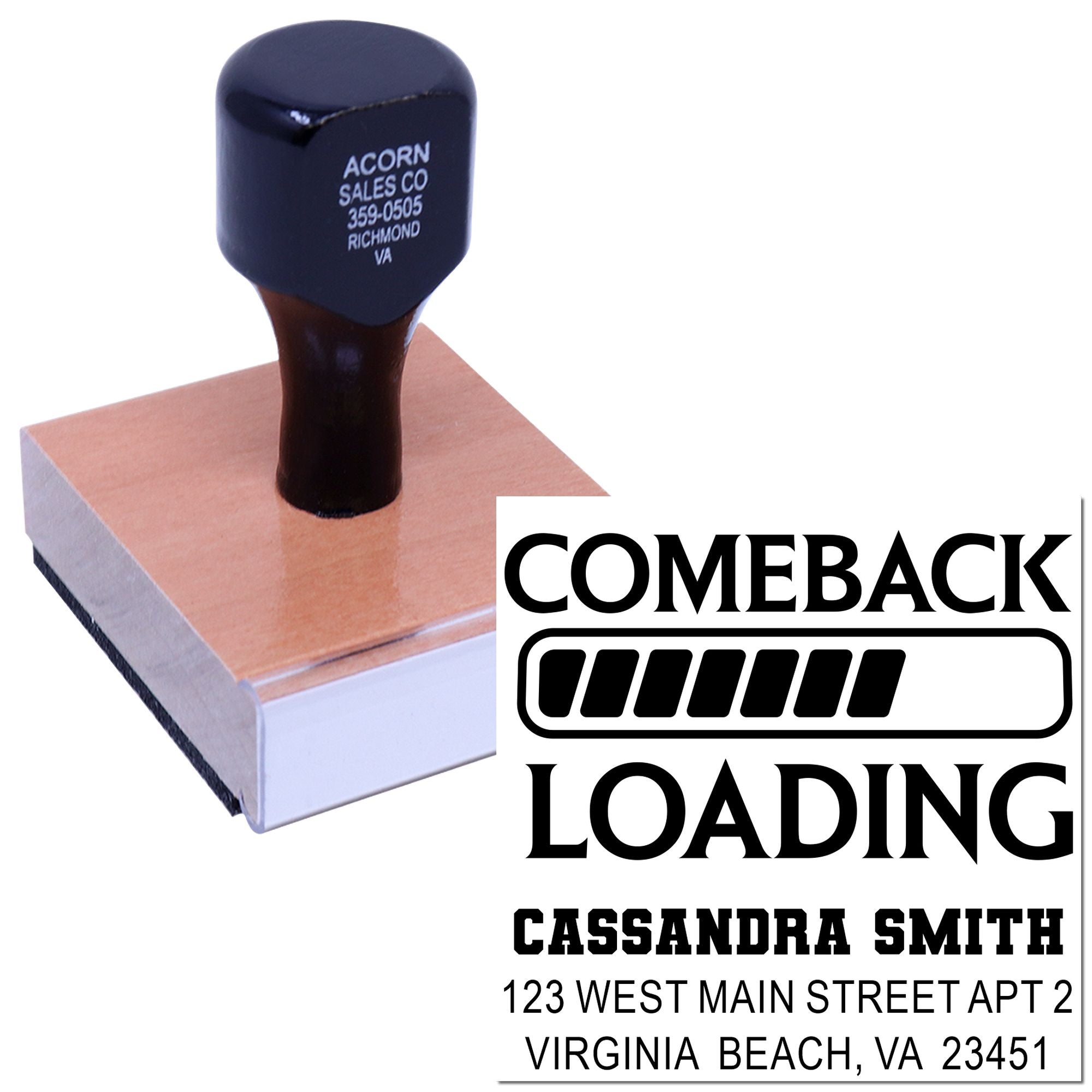Custom rubber stamp with Comeback Loading design and address imprint for business branding and personal use.