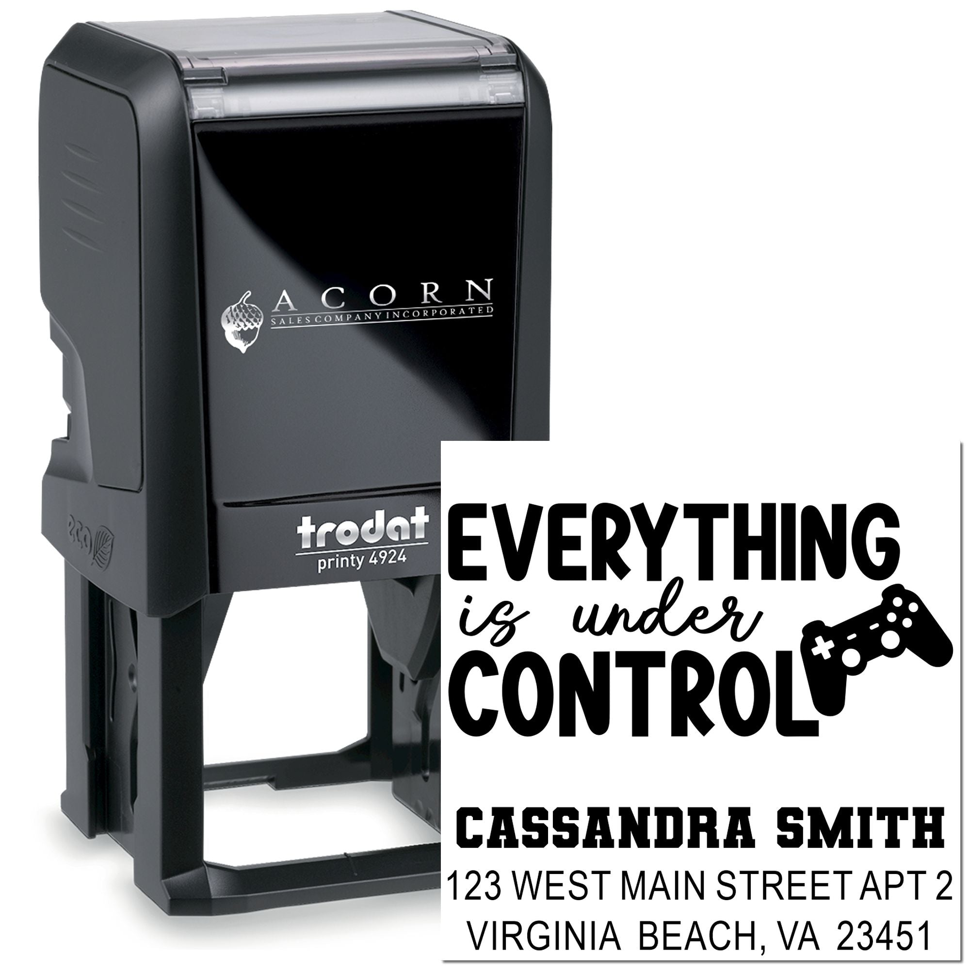Custom self-inking rubber stamp with Everything is under Control and return address details for personalized mailing.