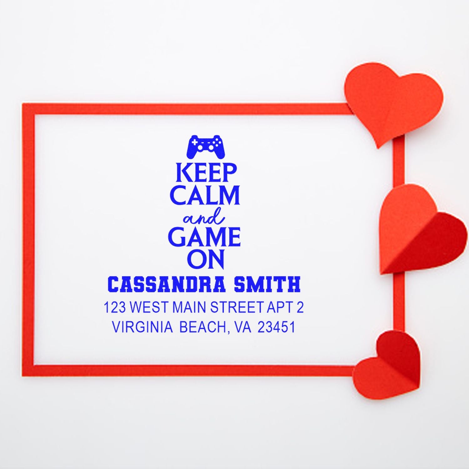 Custom return address rubber stamp with Keep Calm and Game On gaming design for Cassandra Smith.
